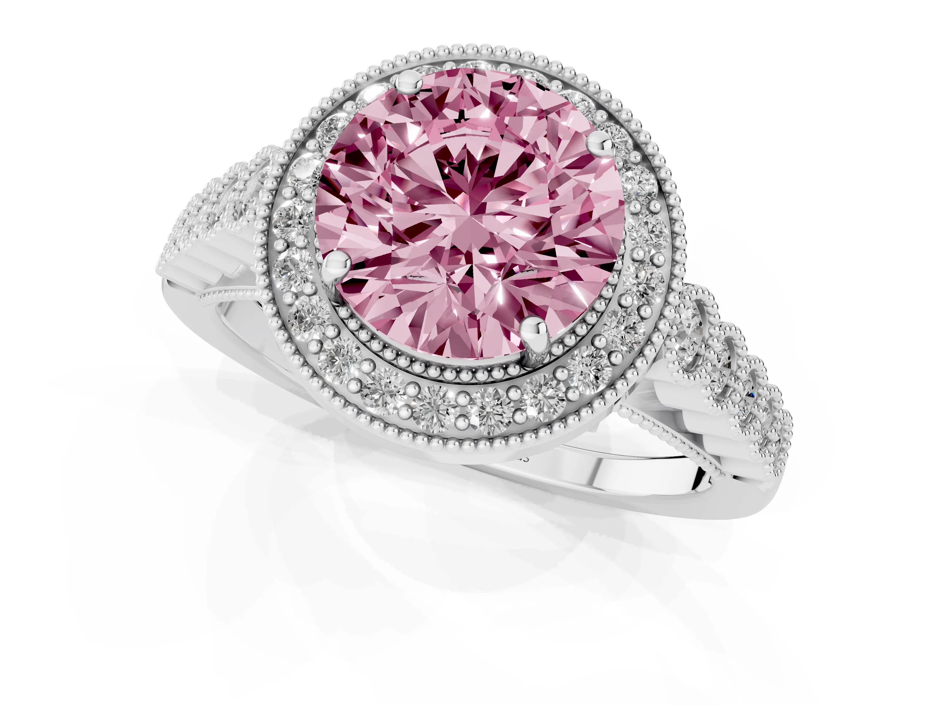 Fancy Pink Round Cut Diamond Milgrain Halo Solitaire Ring Set in Silver with Bezel Set Side Stones and Pavé Band