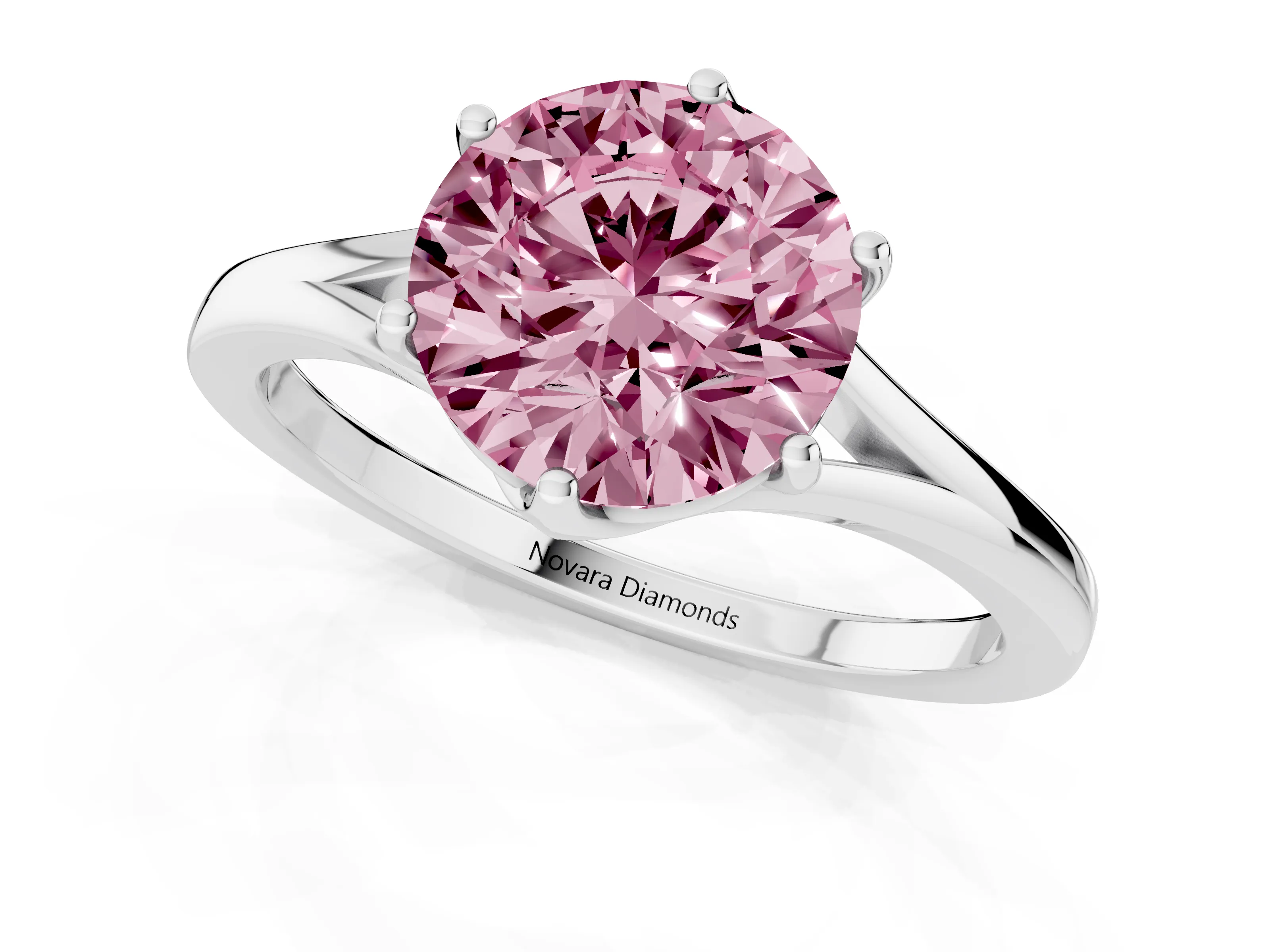 Fancy Pink Round Cut Diamond Solitaire Ring Set in Silver with Polished Tapered Band and Prong Setting
