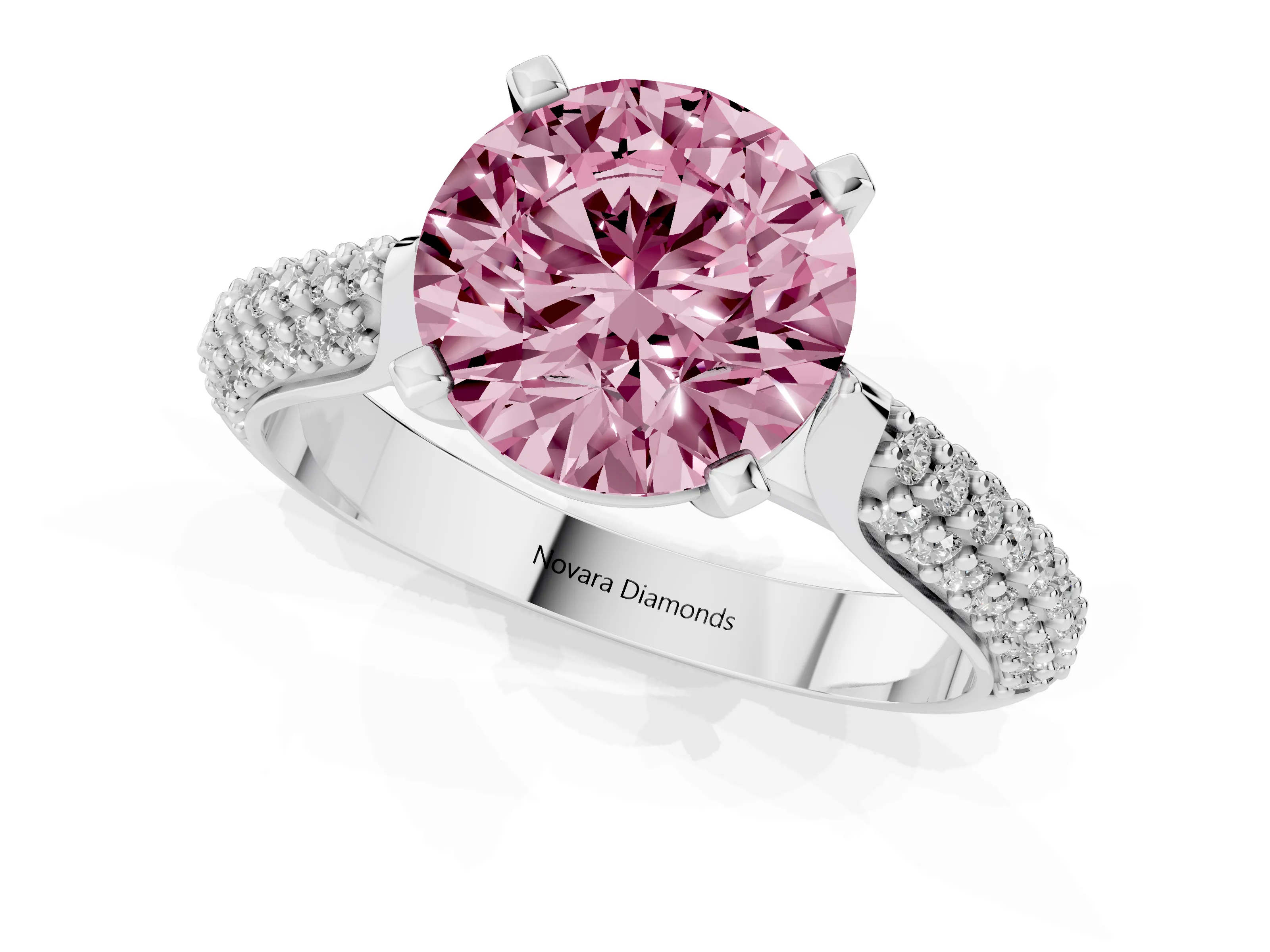 Fancy Pink Round Cut Diamond Solitaire Engagement Ring Set in Platinum with Multi-Row Round Pavé Band and Prong Setting