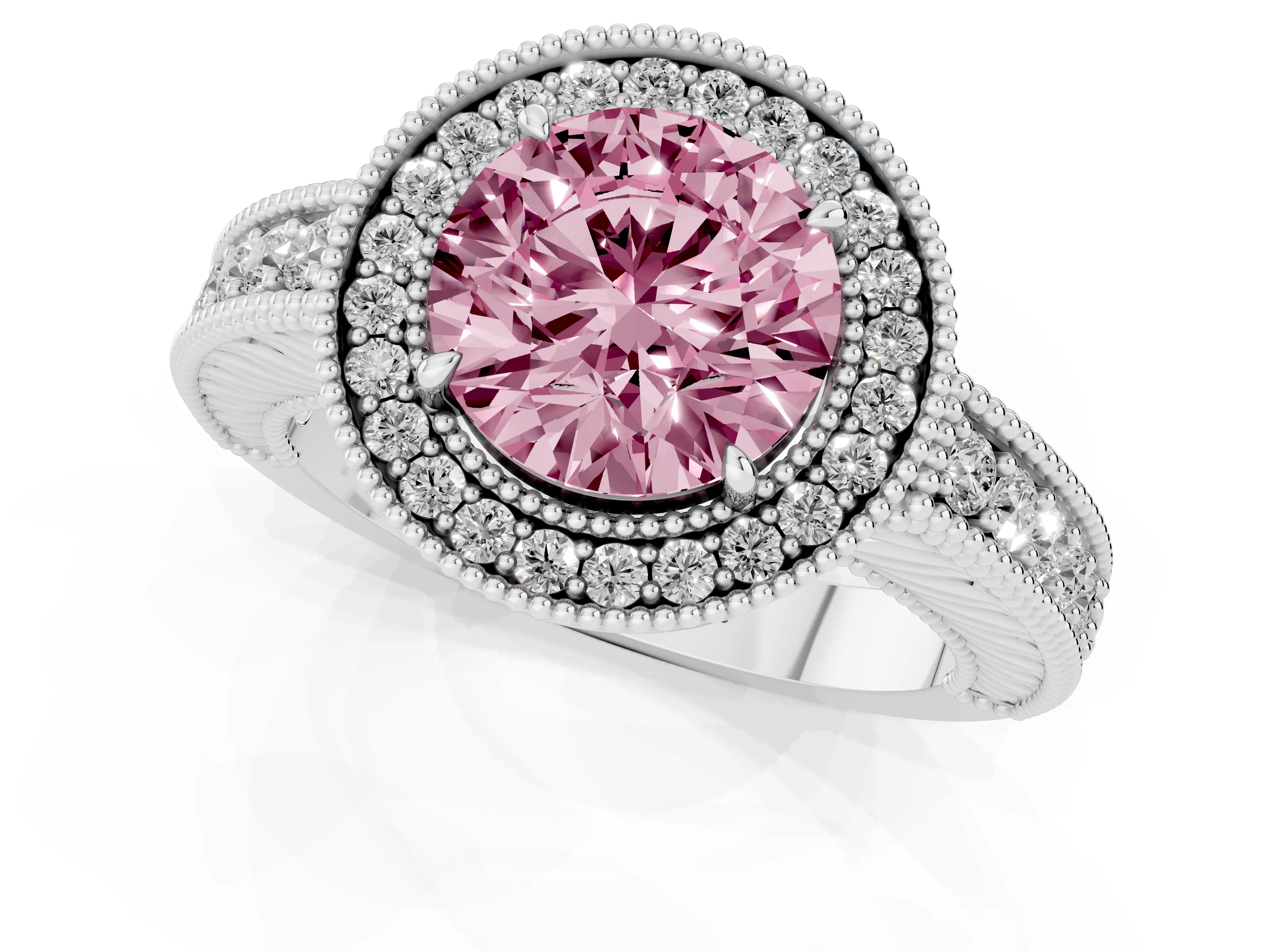 Fancy Pink Round Cut Diamond Halo Ring Set in White gold with Round Accent Halo, Pavé Band and Prong Setting