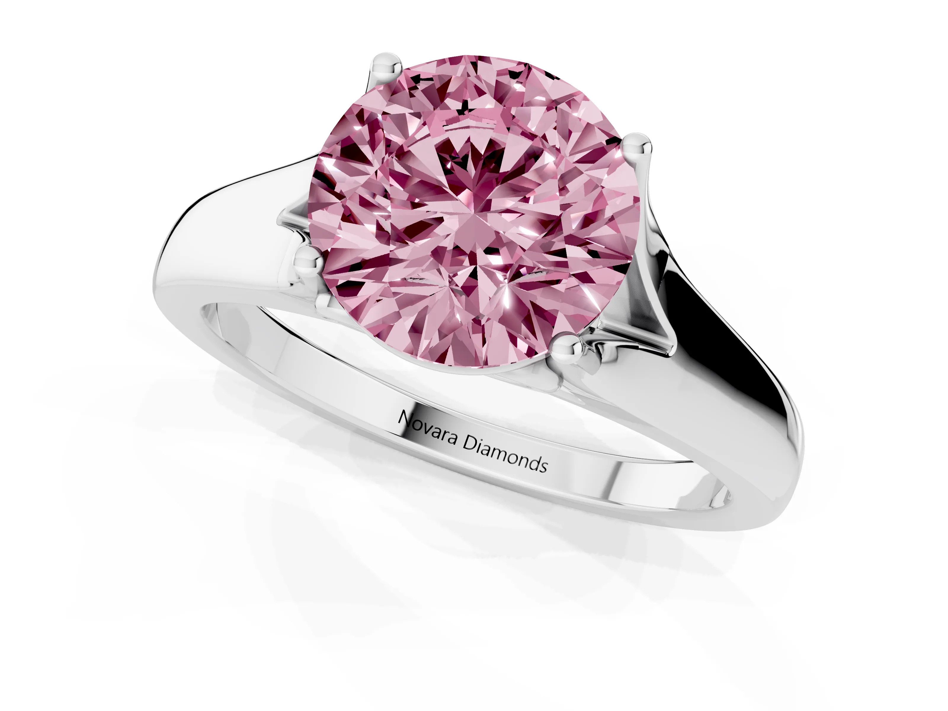 Fancy Pink Round Cut Diamond Solitaire Ring Set in White gold with Arched Cathedral Band and Prong Setting