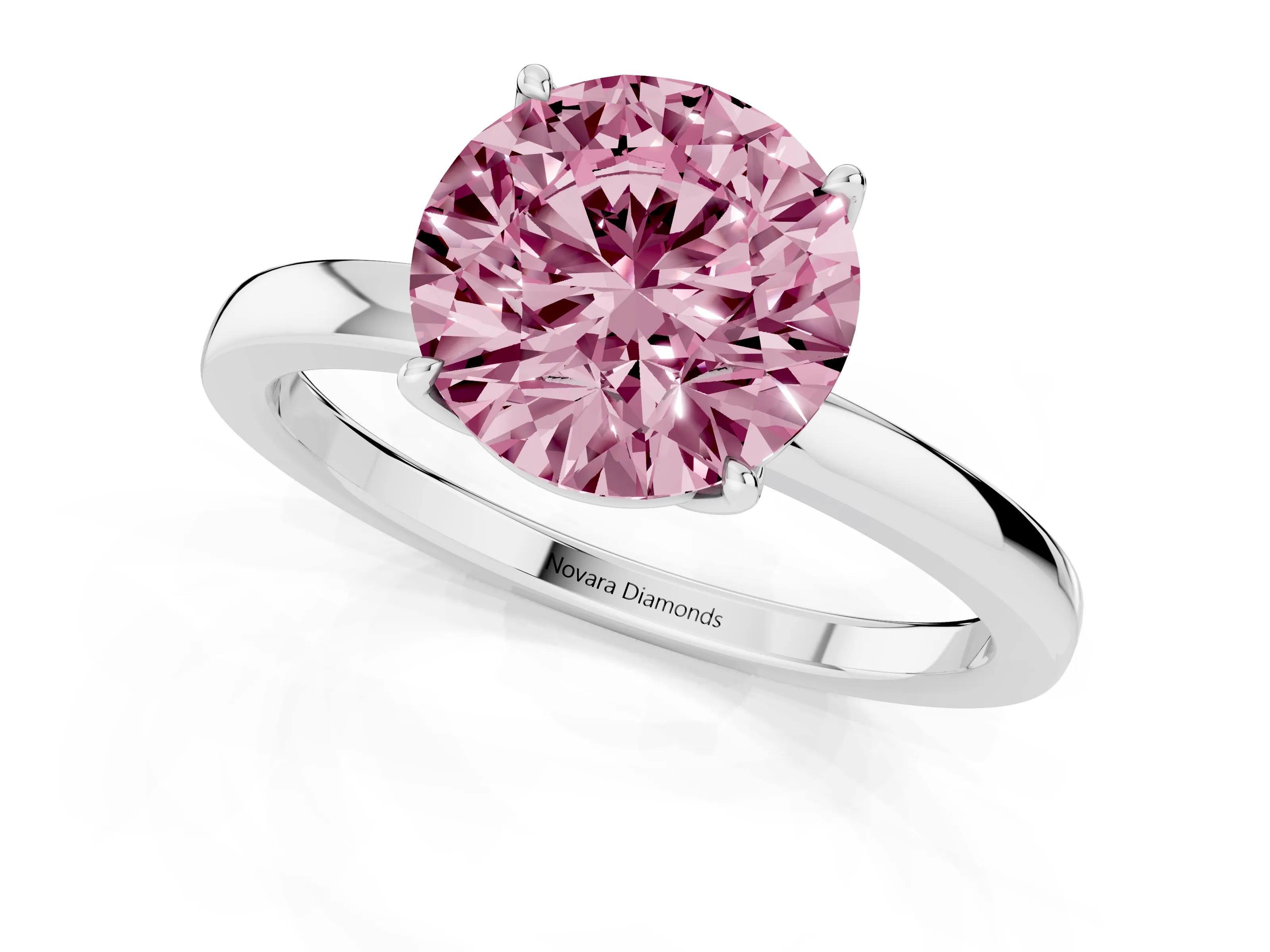 Fancy Pink Round Cut Diamond Solitaire Ring Set in White gold with Prong Setting and Thin Polished Band