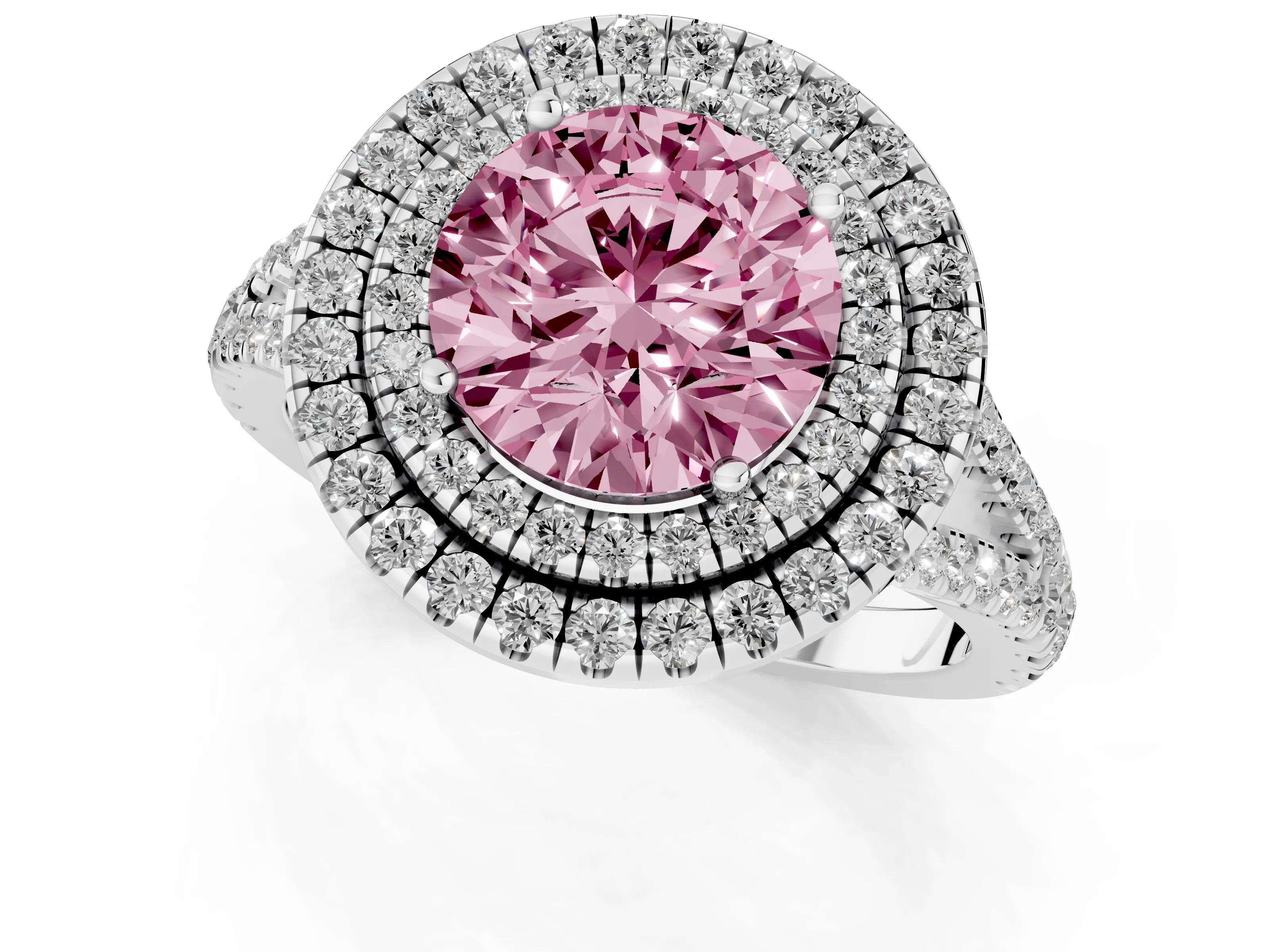 Fancy Pink Round Cut Diamond Double Halo Ring Set in White gold with Pavé Band