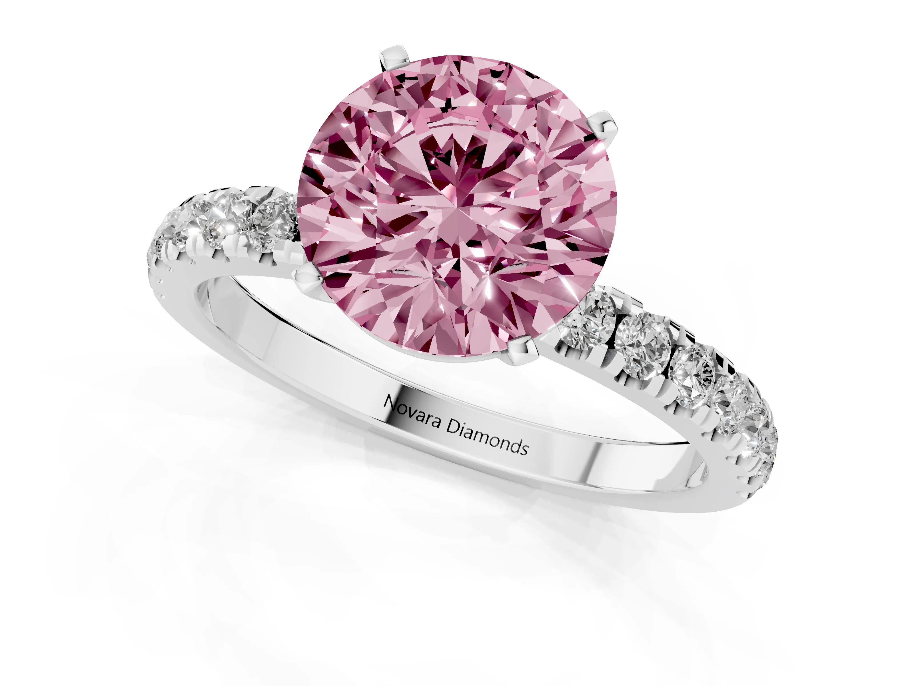 Fancy Pink Round Cut Diamond Solitaire Ring Set in Silver with Pavé Accents and Prong Setting – second view