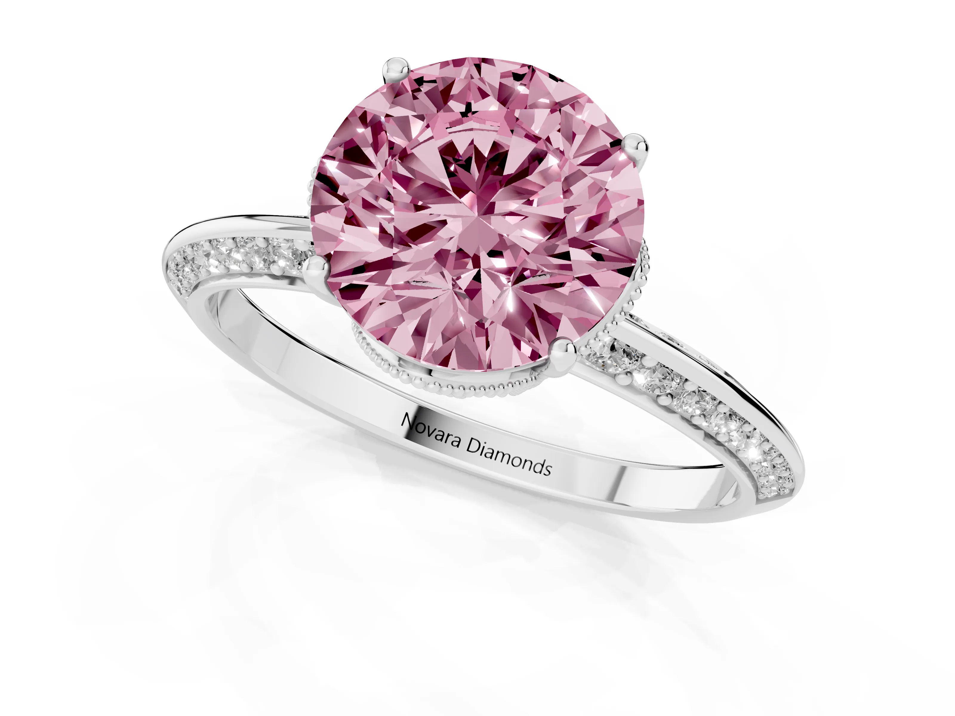 Fancy Pink Round Cut Diamond Solitaire Engagement Ring Set in Silver with Pavé Split Shank and Prong Setting