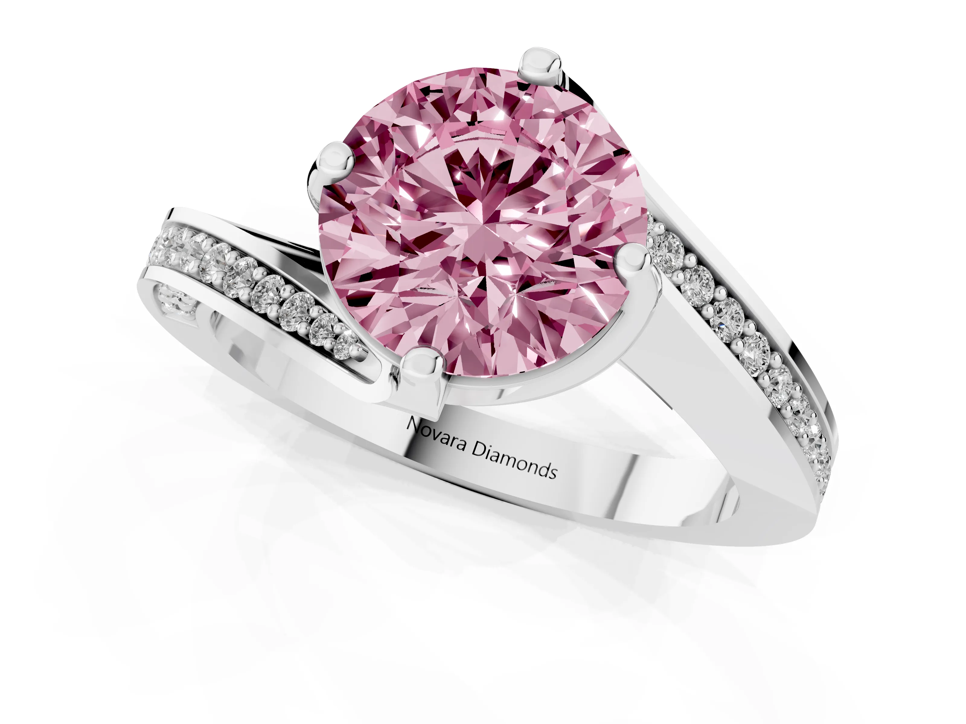 Fancy Pink Round Cut Diamond Solitaire Ring Set in Silver with Intertwined Pavé Twist Band