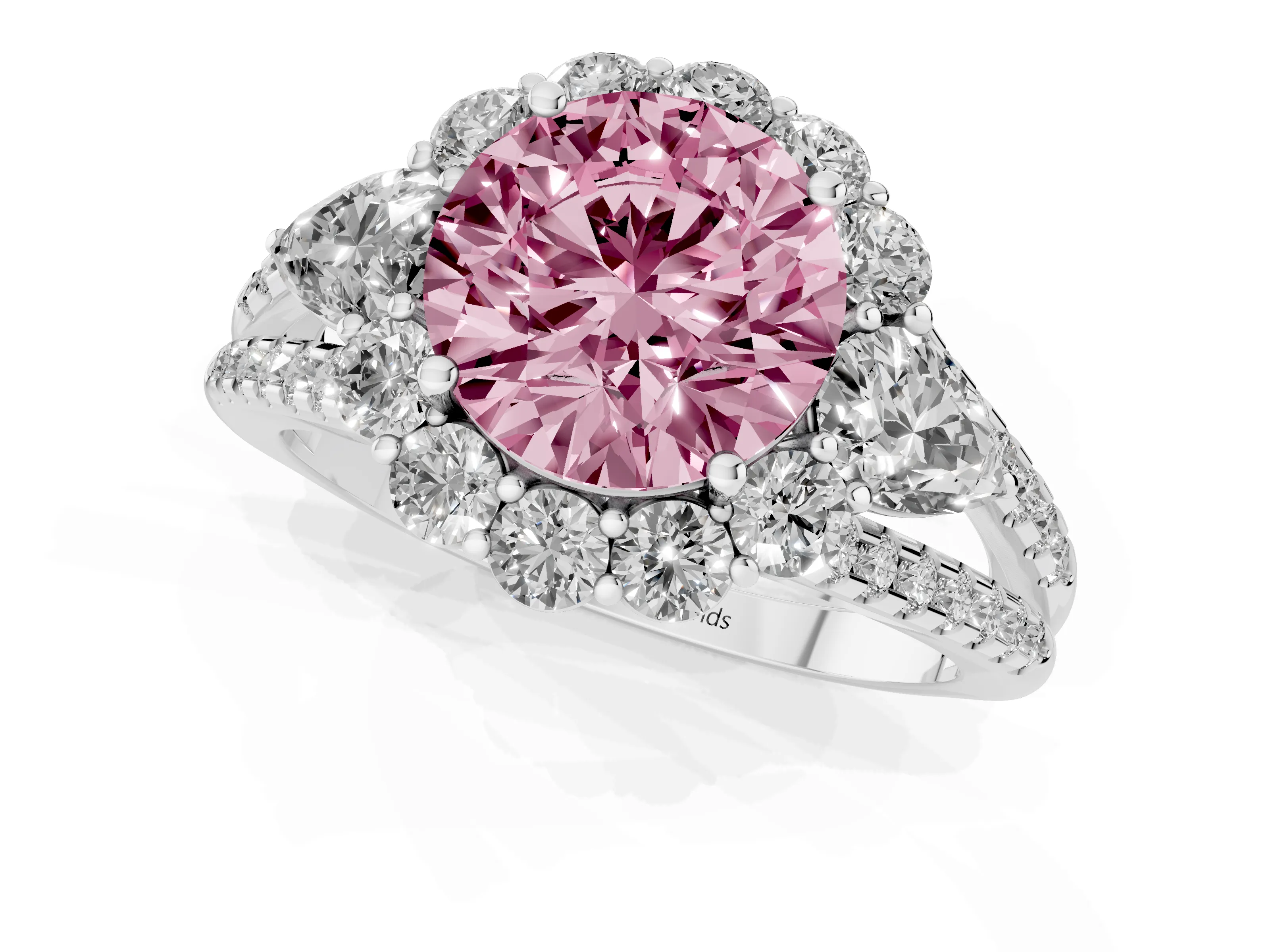 Fancy Pink Round Cut Diamond Halo Split Shank Engagement Ring Set in Platinum with Prong-Held Center Stone