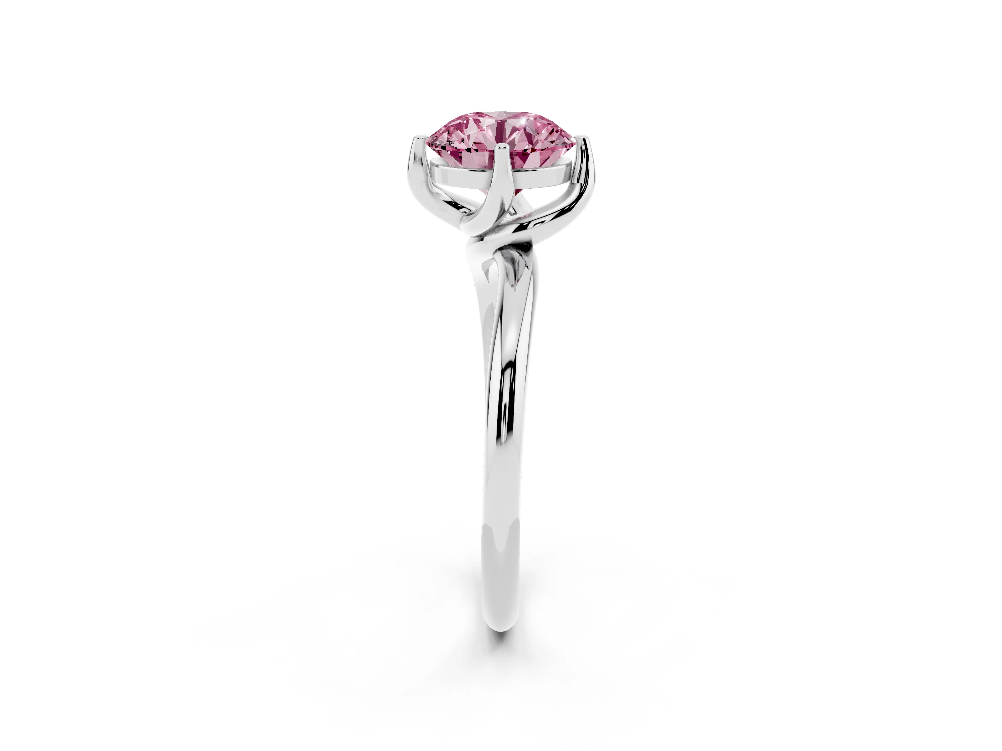 Fancy Pink Round Cut Diamond Solitaire Engagement Ring Set in White gold with Classic Plain Band