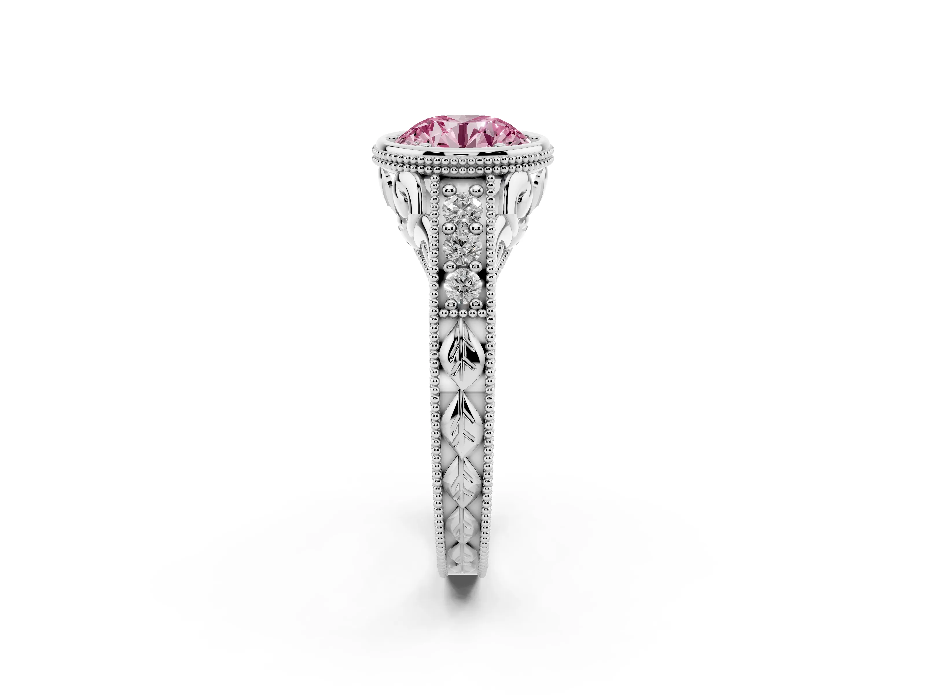 Fancy Pink Bezel Set Round Cut Diamond Milgrain Pavé Engagement Ring Set in White gold