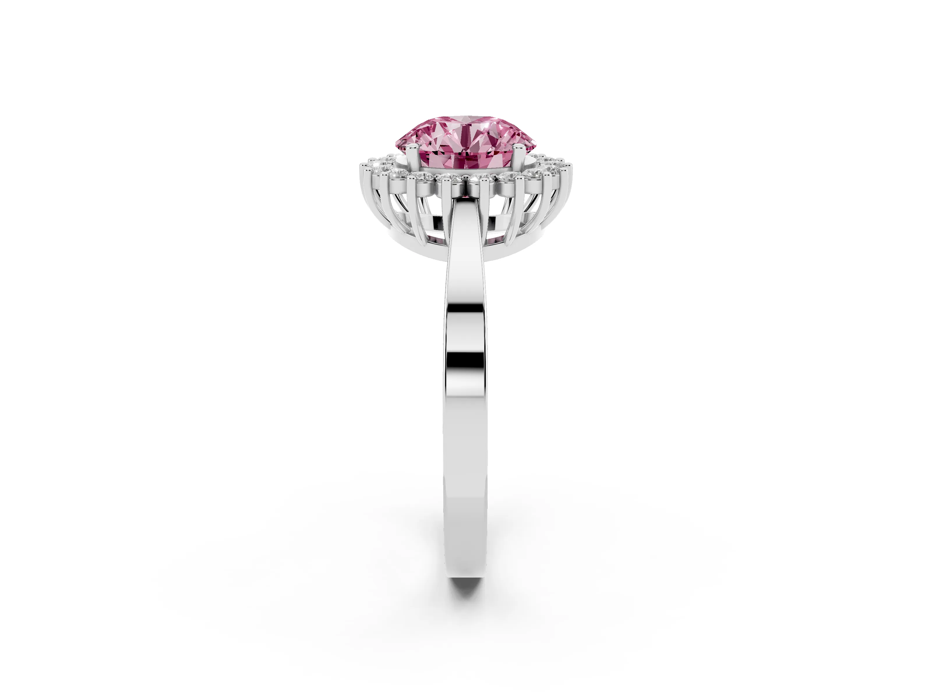 Fancy Pink Round Cut Diamond Halo Ring Set in Platinum with Round Halo and Smooth Solitaire Band