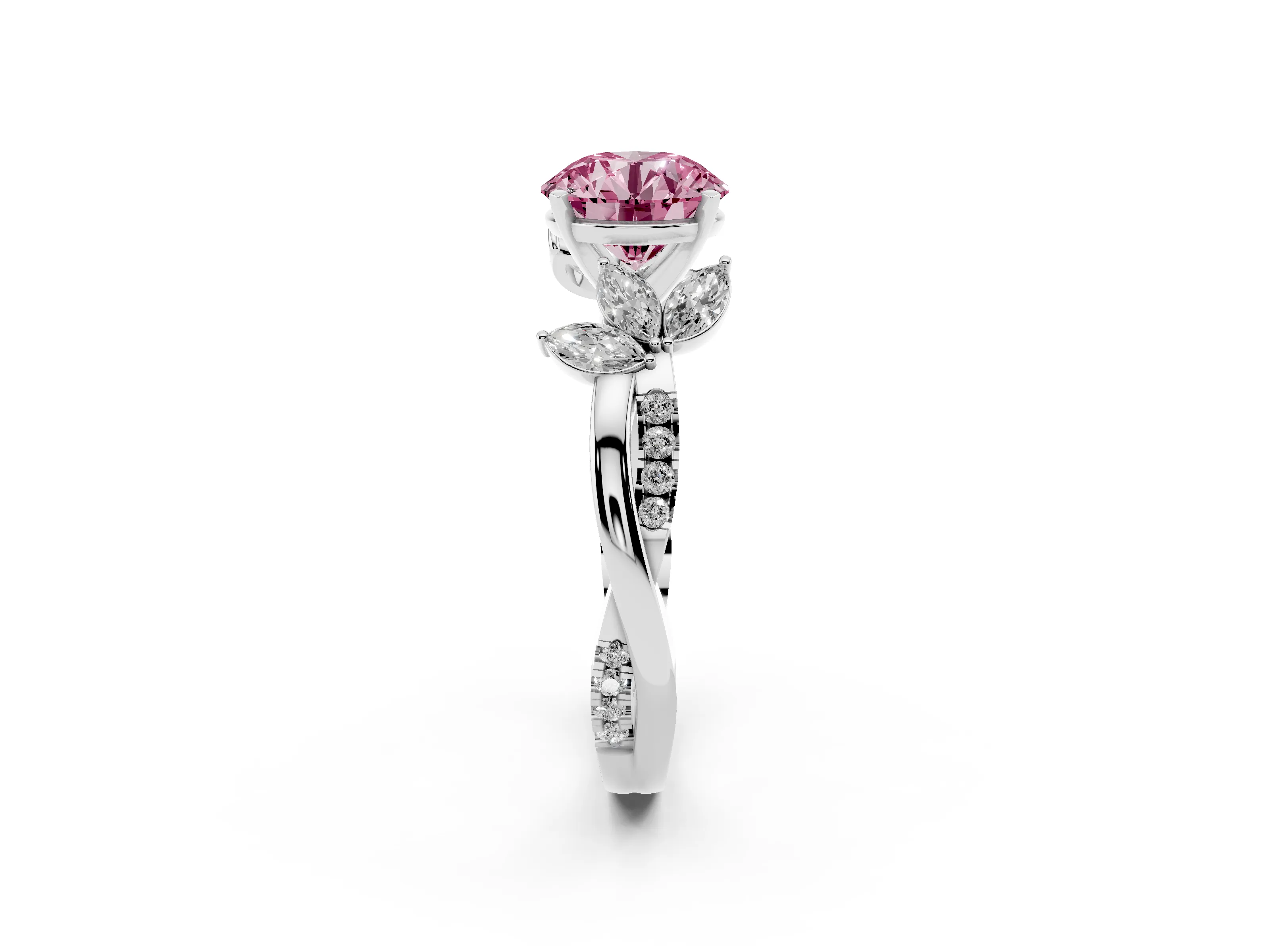 Fancy Pink Round Cut Diamond Floral Vine Solitaire Engagement Ring Set in White gold with Marquise Leaves