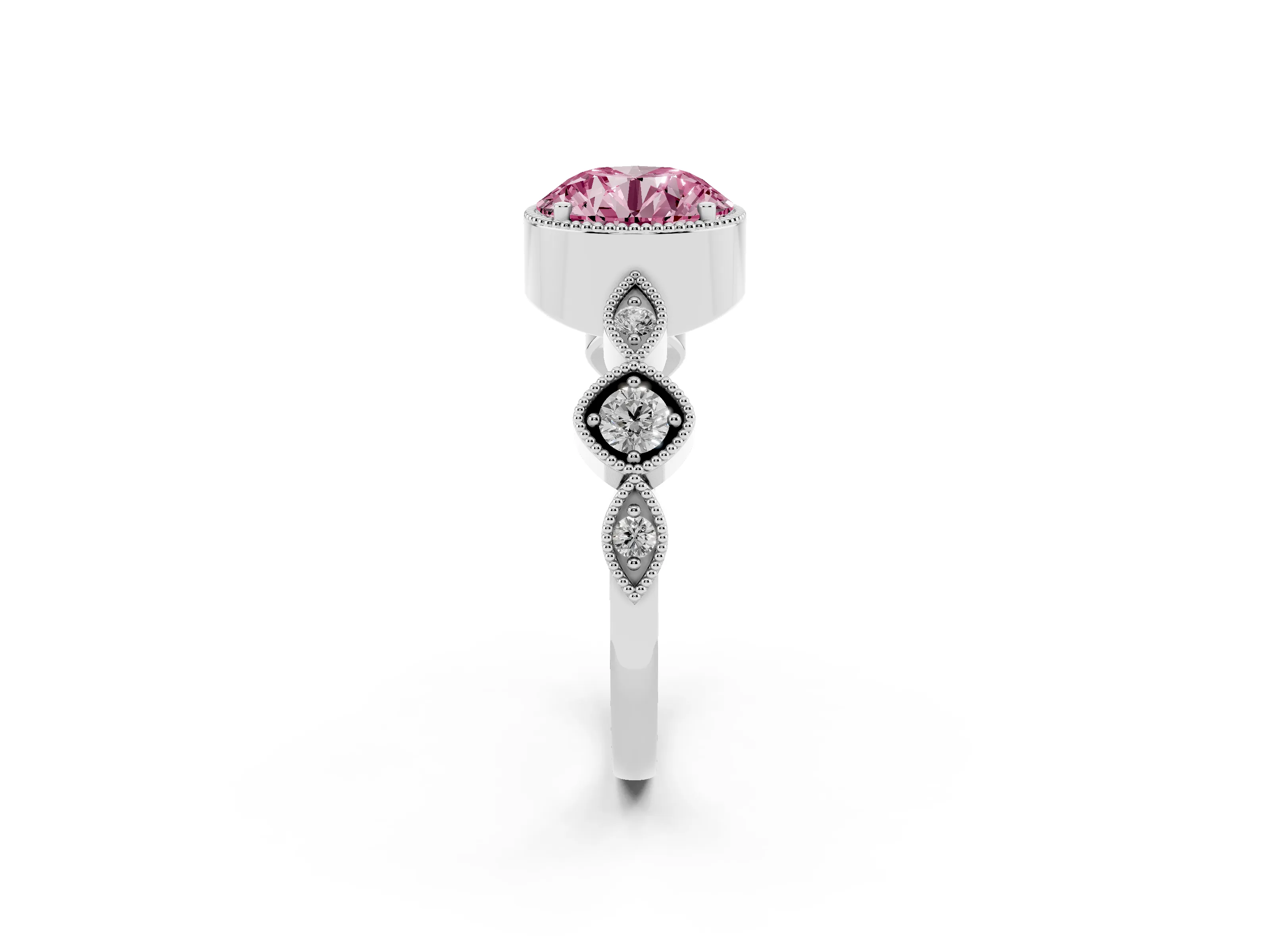 Fancy Pink Round Cut Diamond Vintage-Inspired Milgrain Ring Set in White gold with Marquise Stations of Round Accents