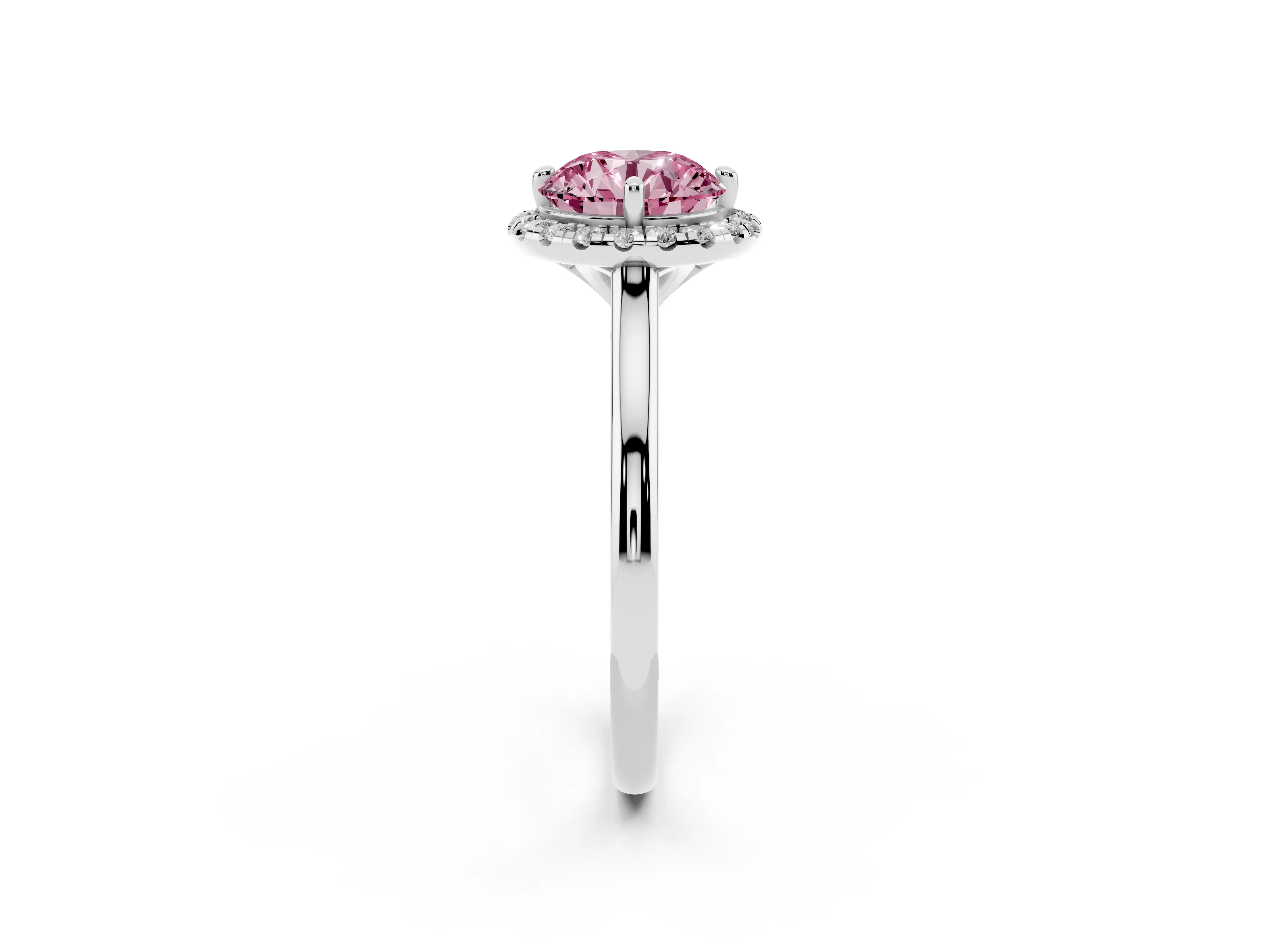 Fancy Pink Round Cut Diamond Halo Engagement Ring Set in Platinum with Pavé Band and Rising Shoulders