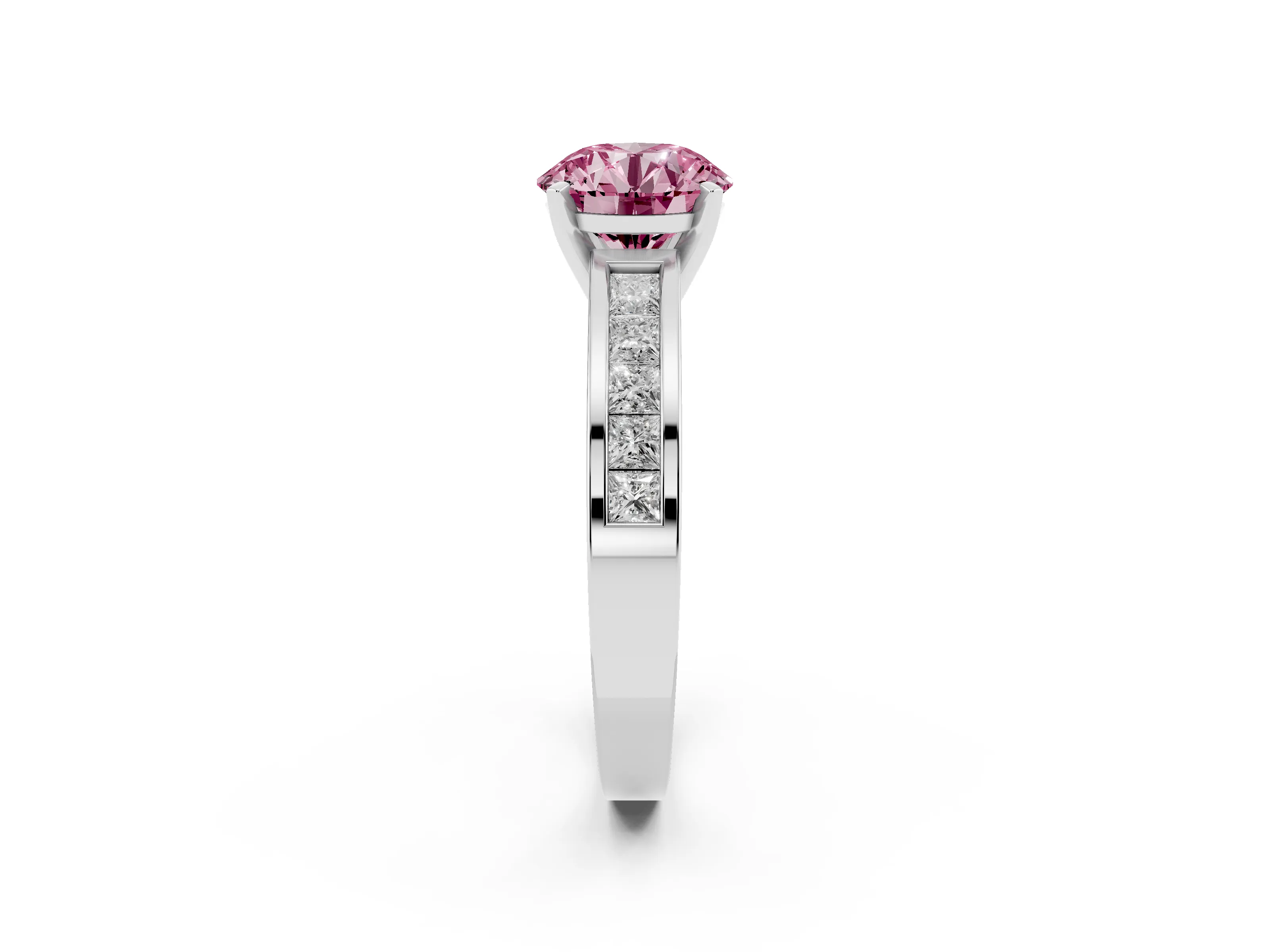 Fancy Pink Round Cut Diamond Solitaire Ring Set in Silver with Channel-Set Band and Prong Setting