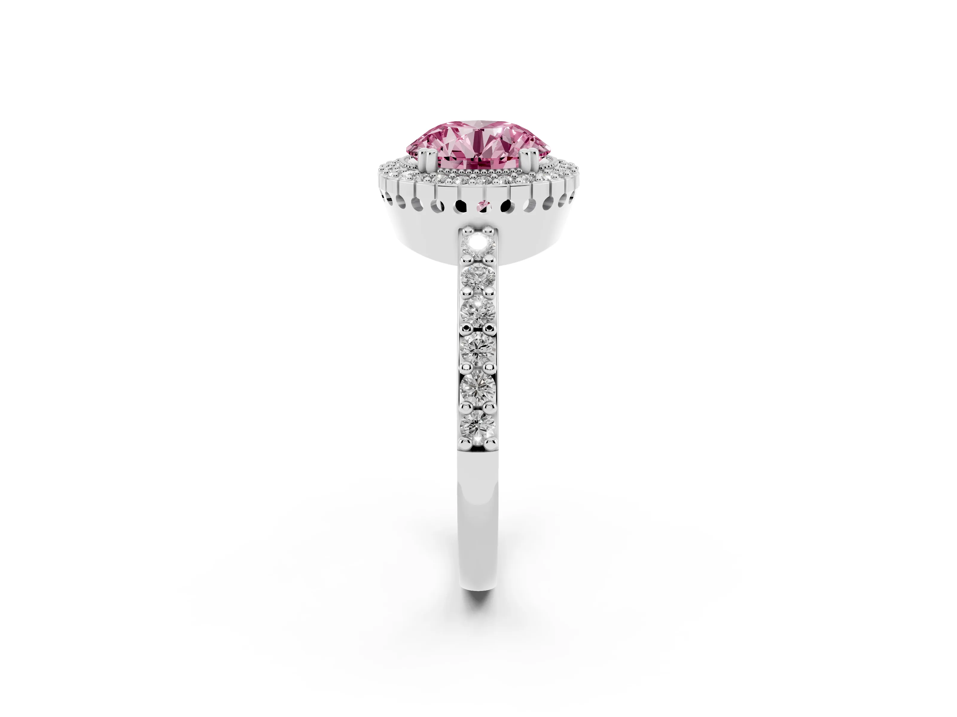 Fancy Pink Round Cut Diamond Halo Engagement Ring Set in White gold with Milgrain Detail and Pavé Band
