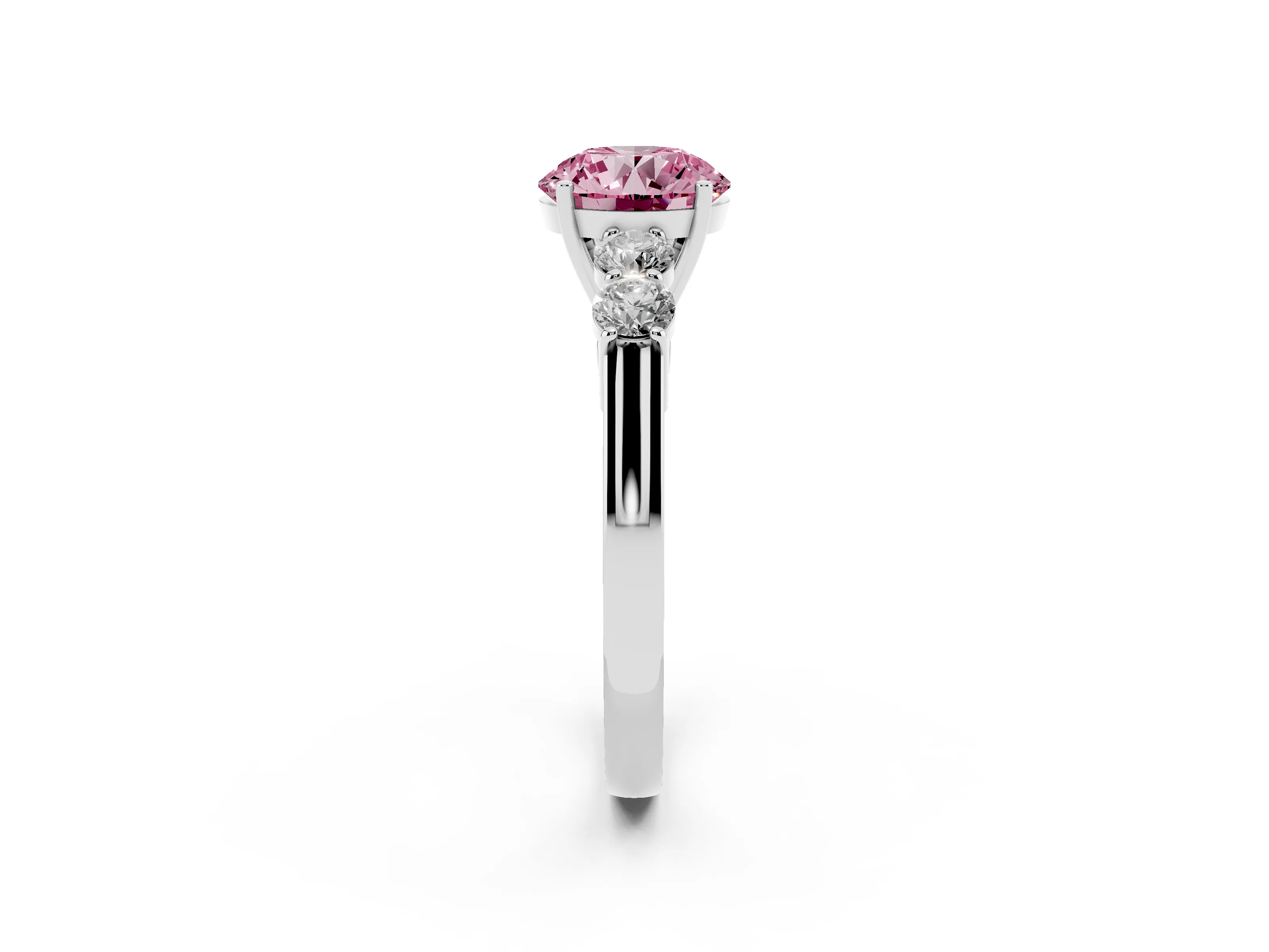 Fancy Pink Round Cut Diamond Five-Stone Prong Set Band Ring Set in Silver with Polished Band