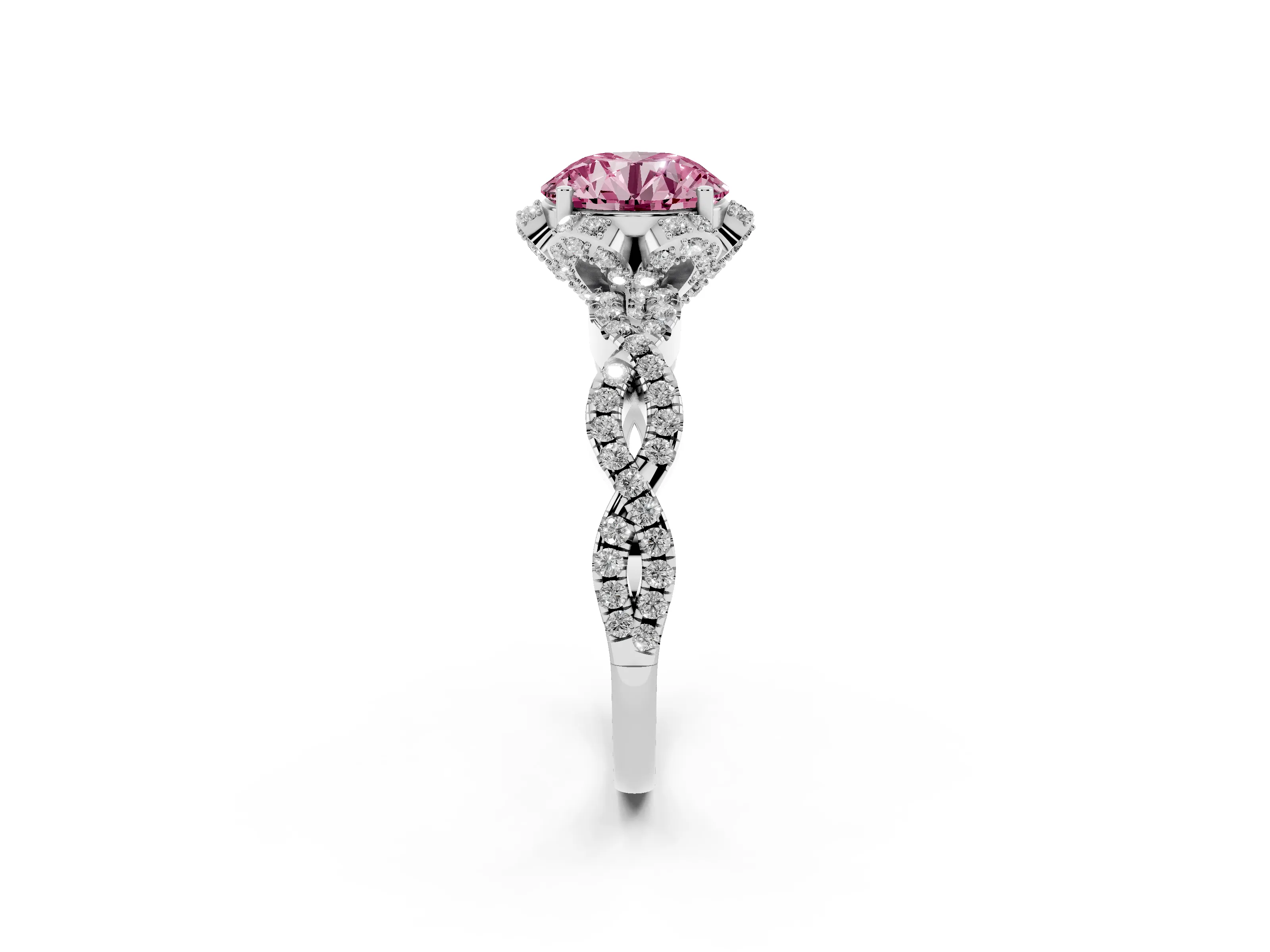 Fancy Pink Round Cut Diamond Halo Twist Band Solitaire Ring Set in White gold with Prong-Set Center Stone