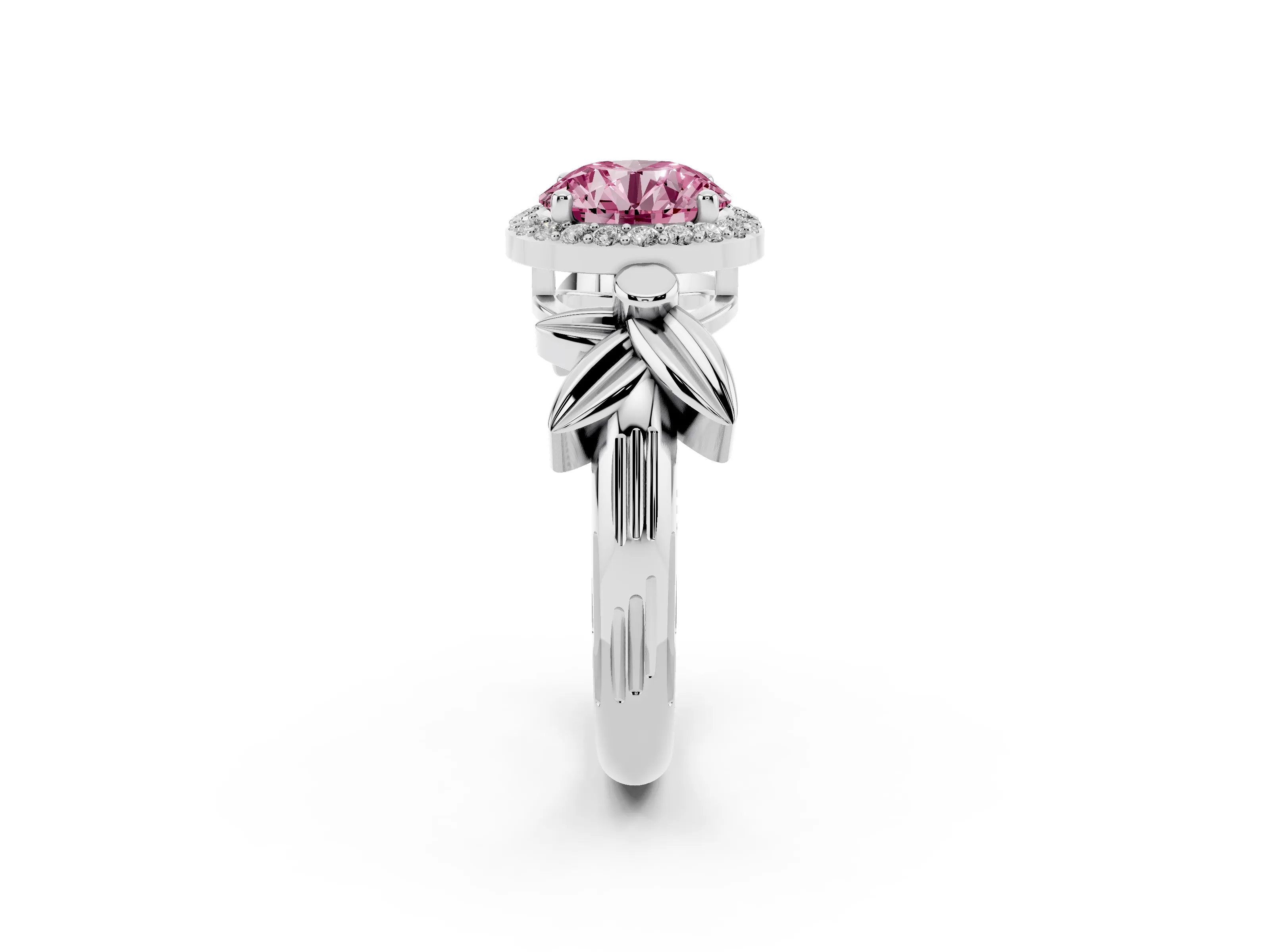 Fancy Pink Round Cut Diamond Halo Floral Band Ring Set in Silver with Prong Setting