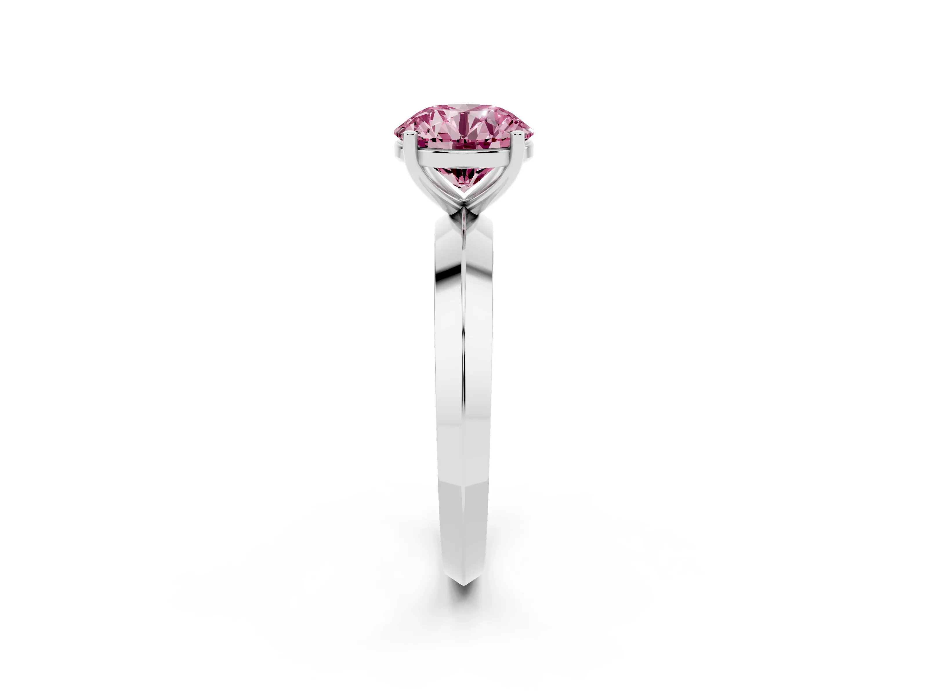 Fancy Pink Round Cut Diamond Solitaire Engagement Ring Set in Platinum with Flat Band and Prong Setting