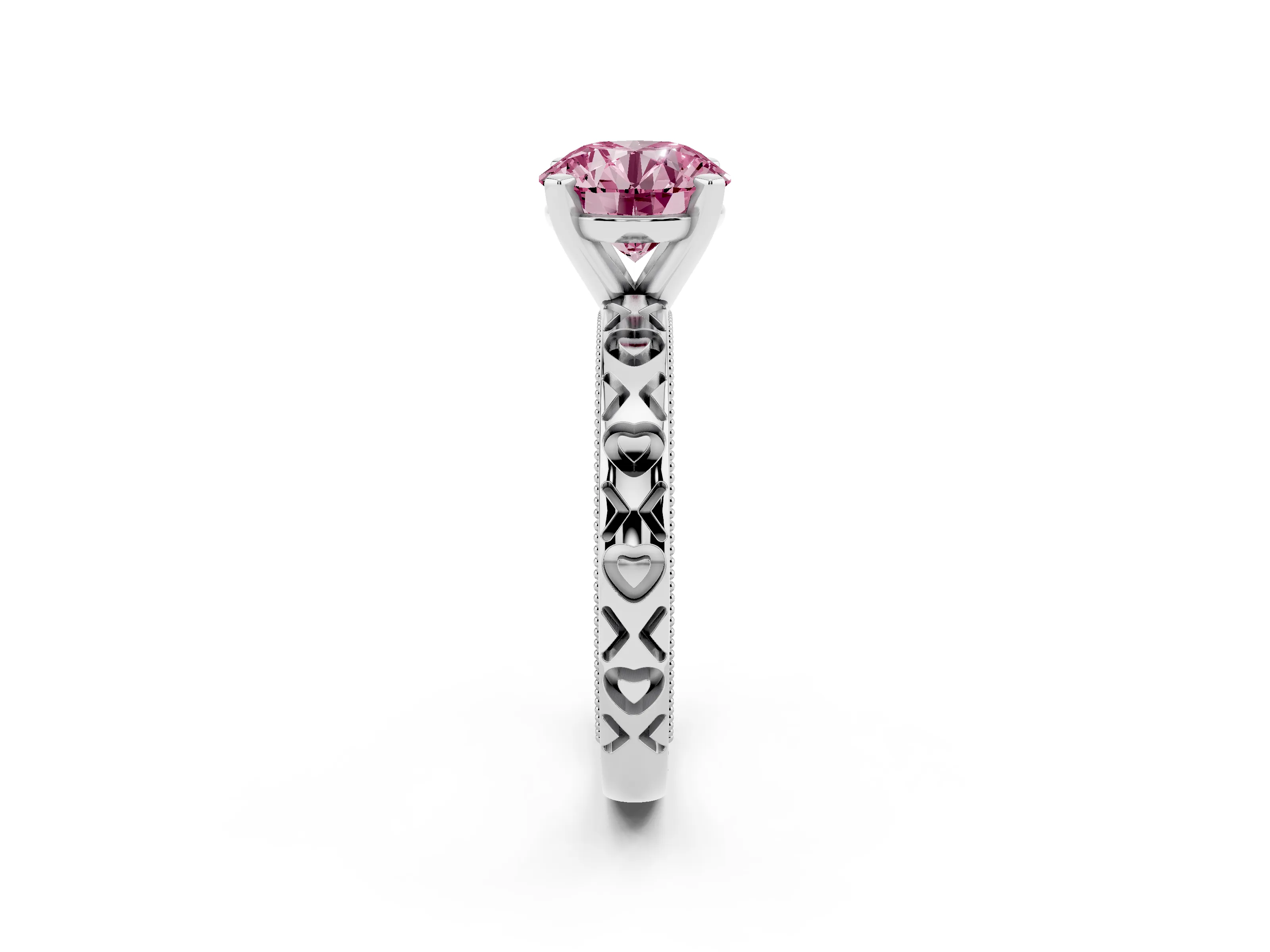 Fancy Pink Round Cut Diamond Solitaire Engagement Ring Set in White gold with XO Engraved Band and Prong Setting