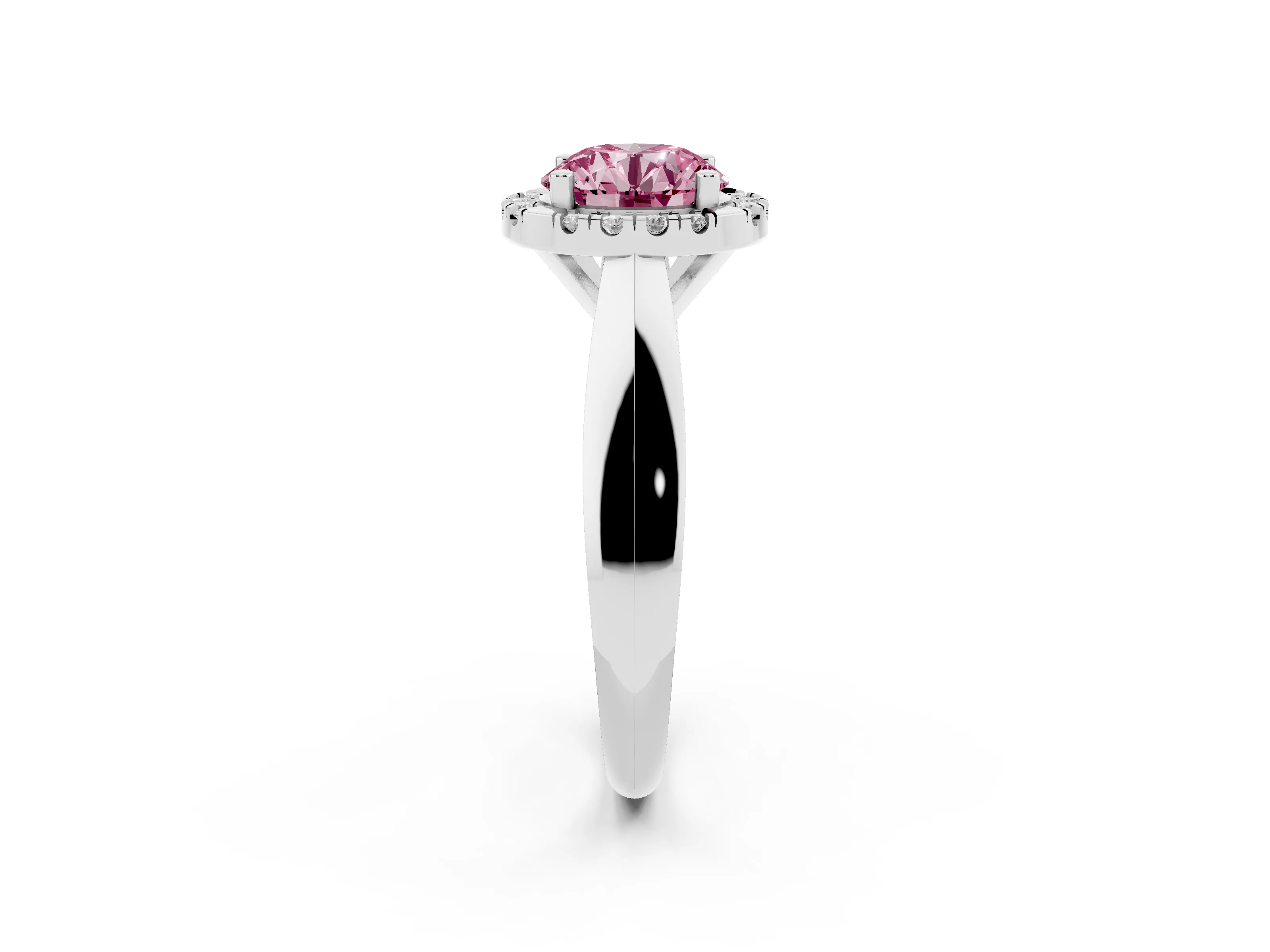 Fancy Pink Round Cut Diamond Halo Solitaire Engagement Ring Set in White gold with Square Band and Prong Setting