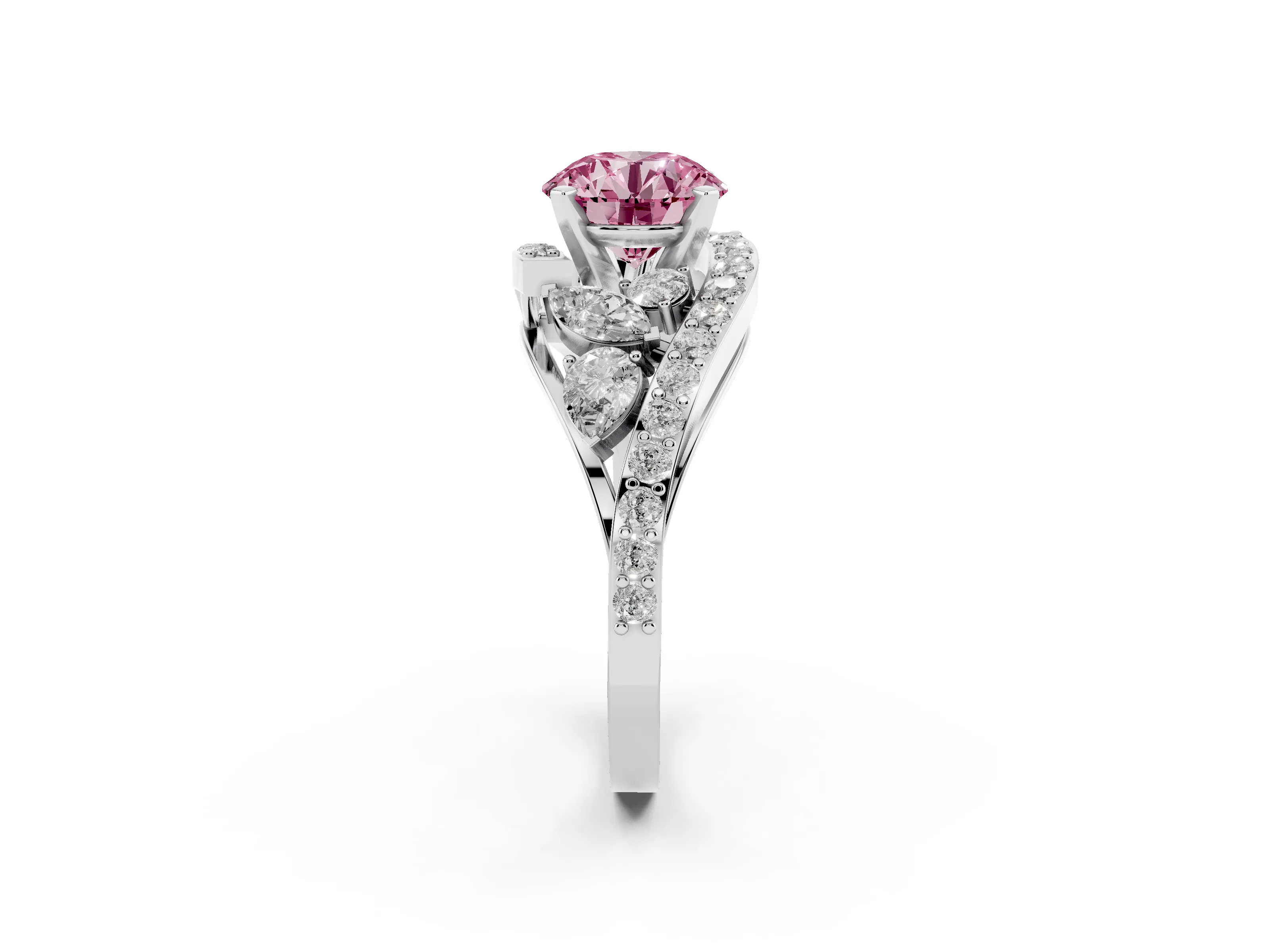 Fancy Pink Round Cut Diamond Halo Ring Set in Silver with Marquise and Pavé Band in Prong Setting