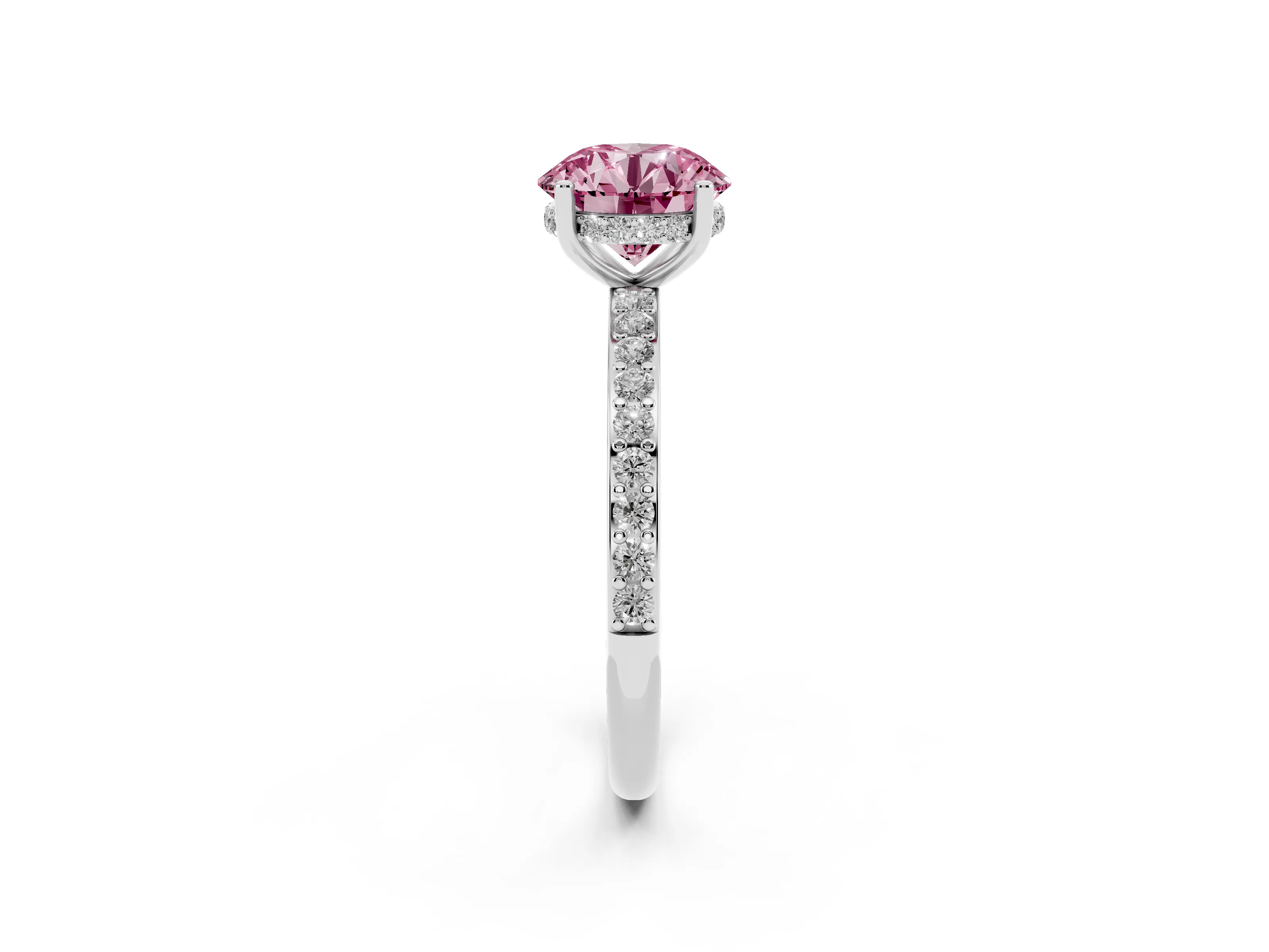 Fancy Pink Round Cut Diamond Pavé Band Ring Set in White gold with Prong-Set Center Stone