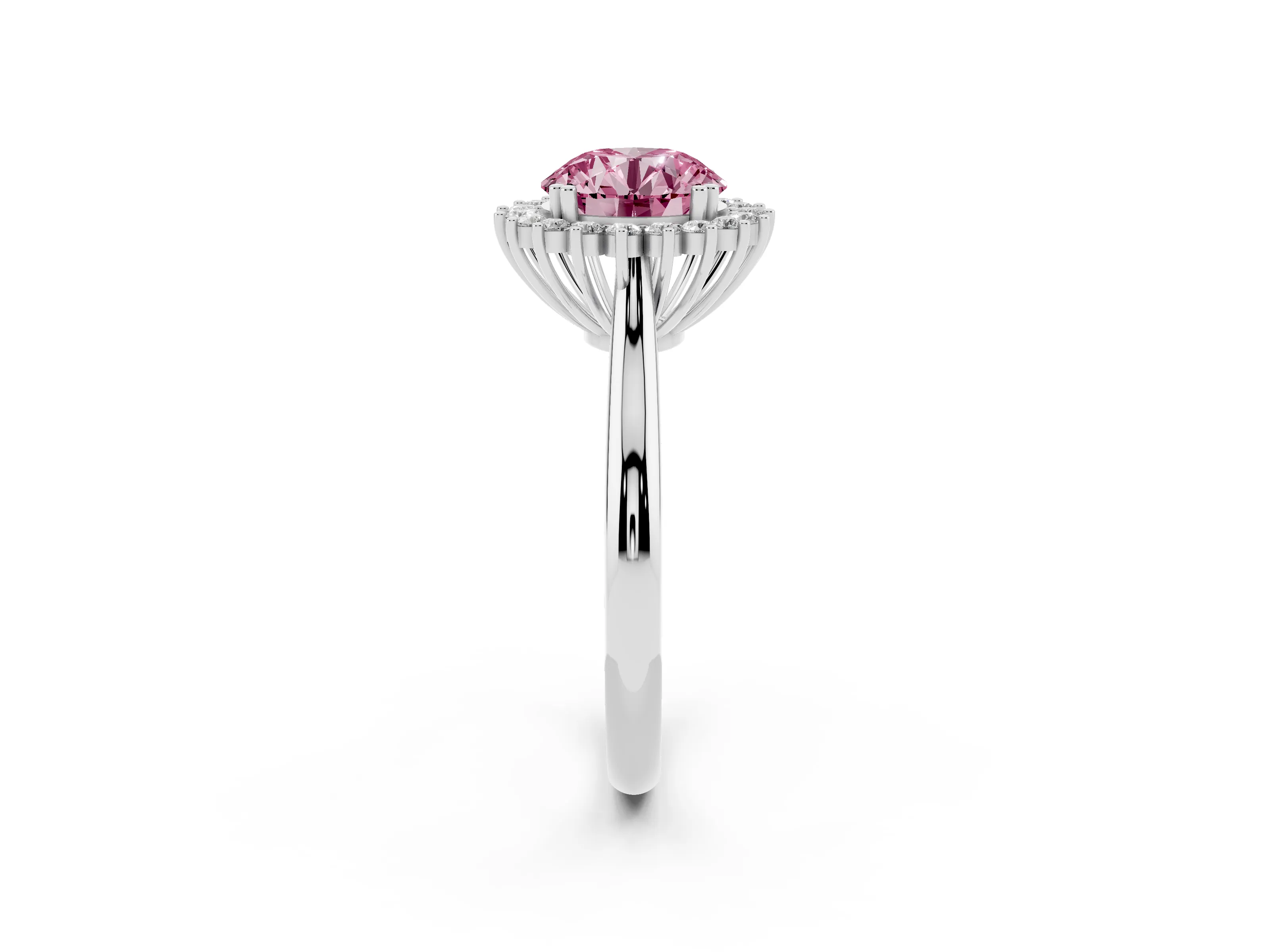 Fancy Pink Round Cut Diamond Halo Ring Set in White gold with Plain Solitaire Band and Prong Setting