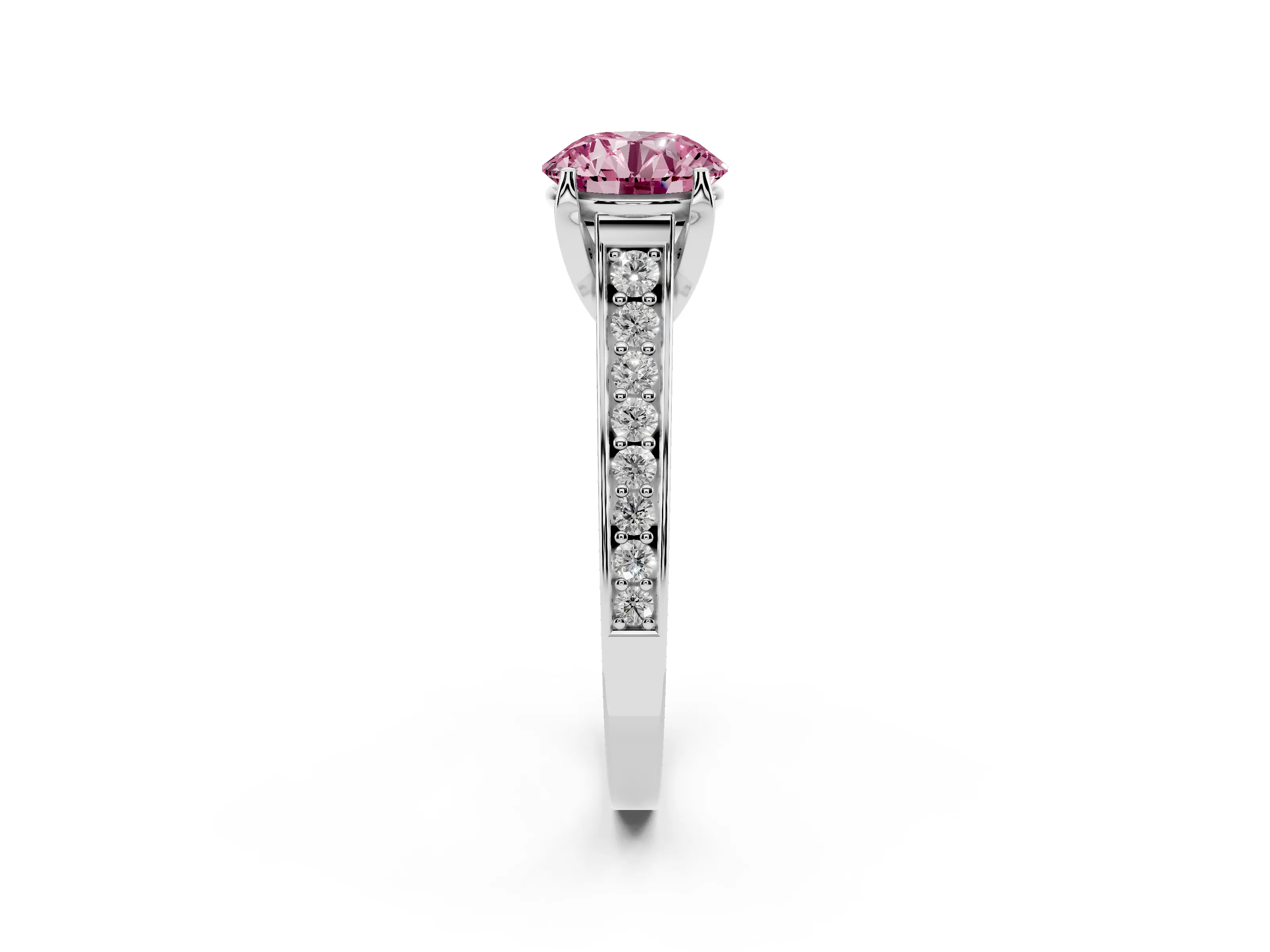 Fancy Pink Round Cut Diamond Solitaire Pavé Engagement Ring Set in White gold with Prong Setting