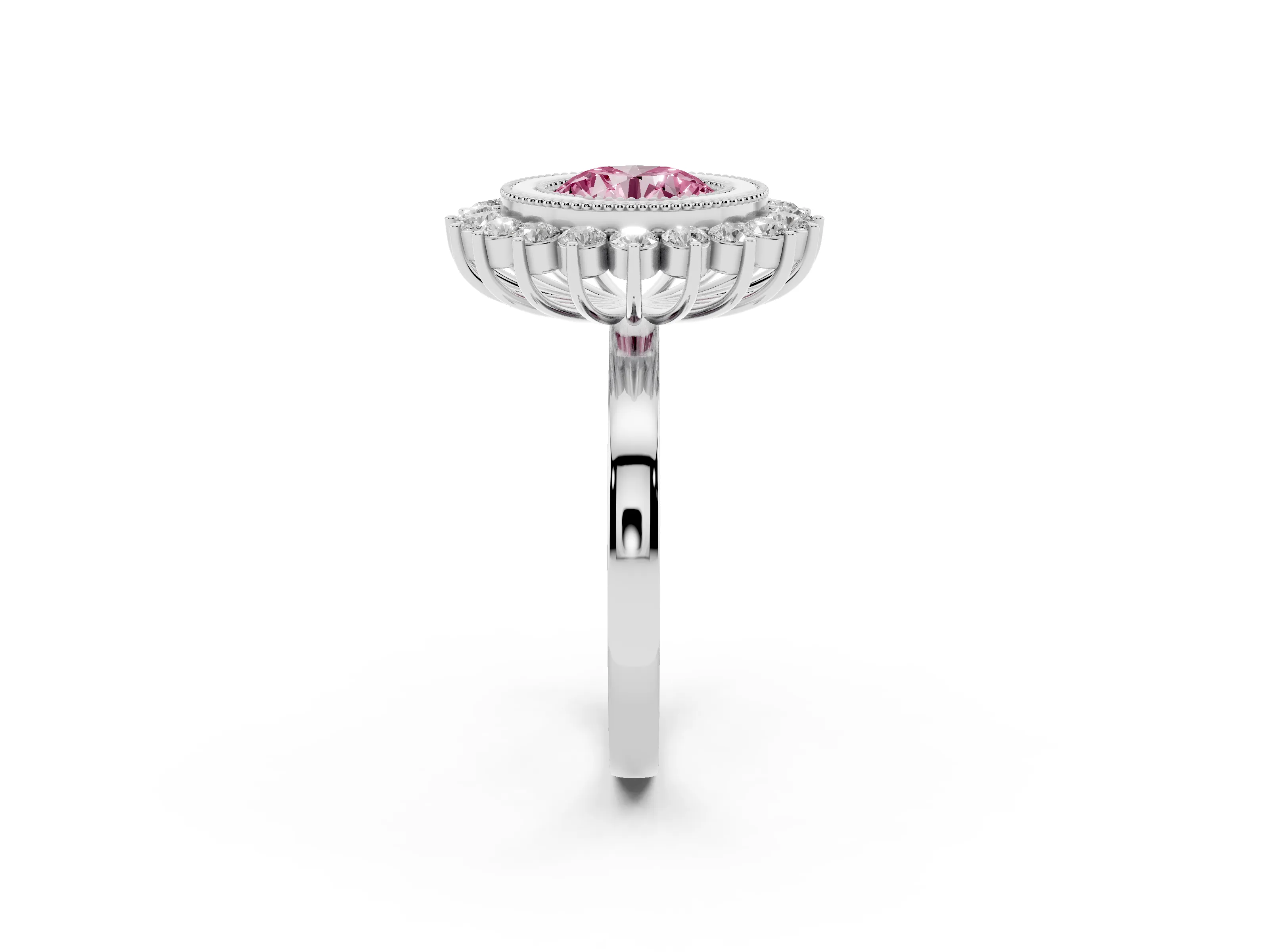 Fancy Pink Round Cut Diamond Halo Ring Set in Silver with Milgrain Edge and Round Prong Setting