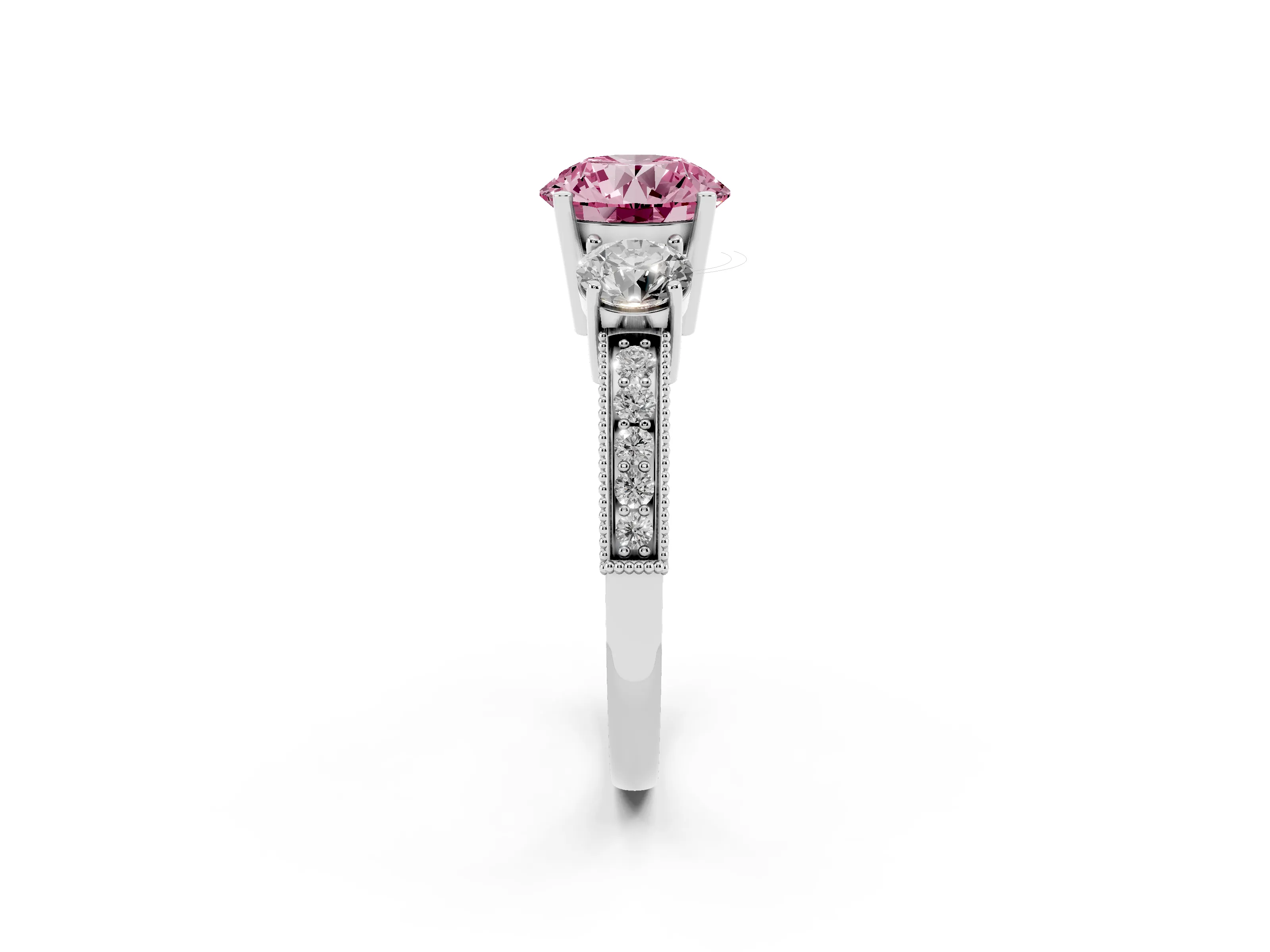 Fancy Pink Round Cut Diamond Three-Stone Ring Set in White gold with Round Side Stones and Pavé Band