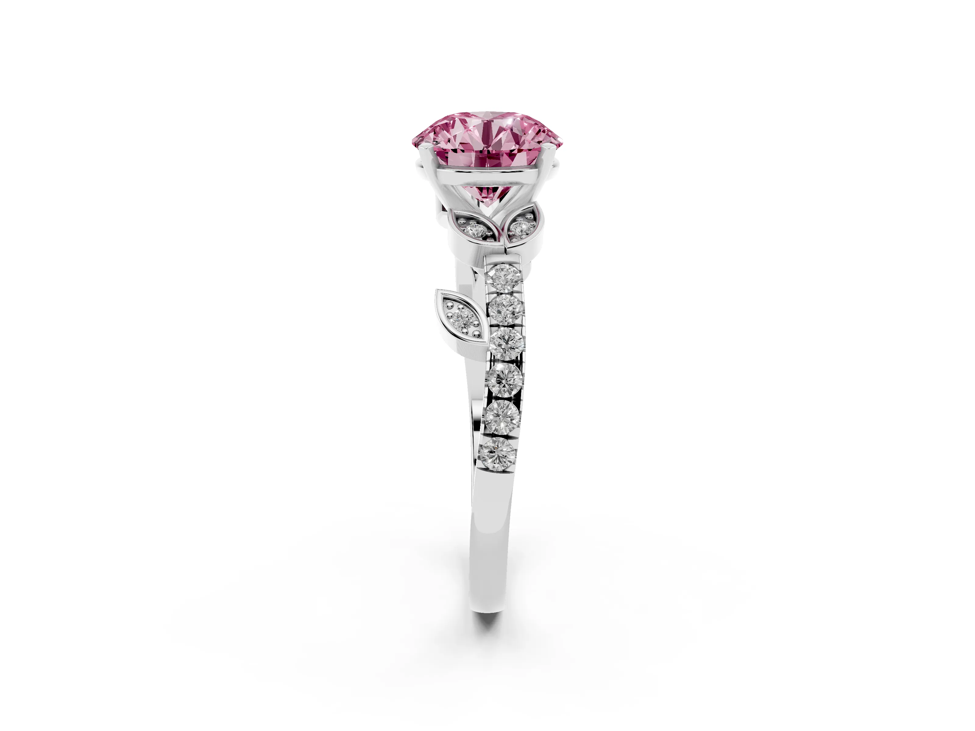 Fancy Pink Round Cut Diamond Solitaire Leaf-Inspired Ring Set in Platinum with Pavé Band and Prong Setting