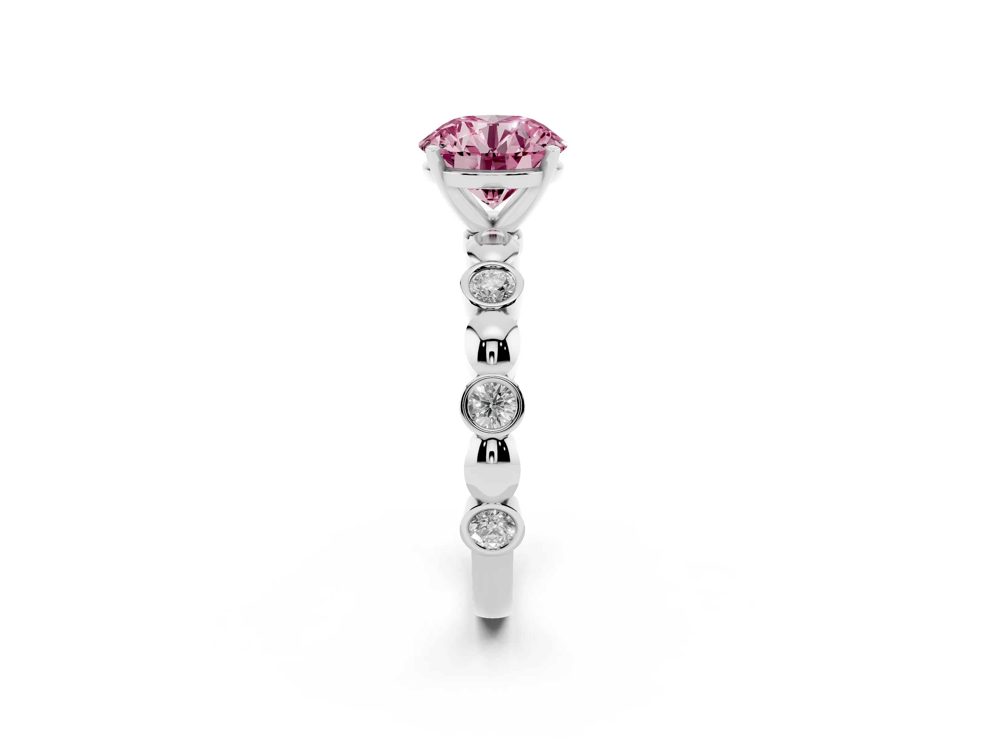 Fancy Pink Round Cut Diamond Solitaire Ring Set in Silver with Bezel-Set Accents on Beaded Band and Prong Setting