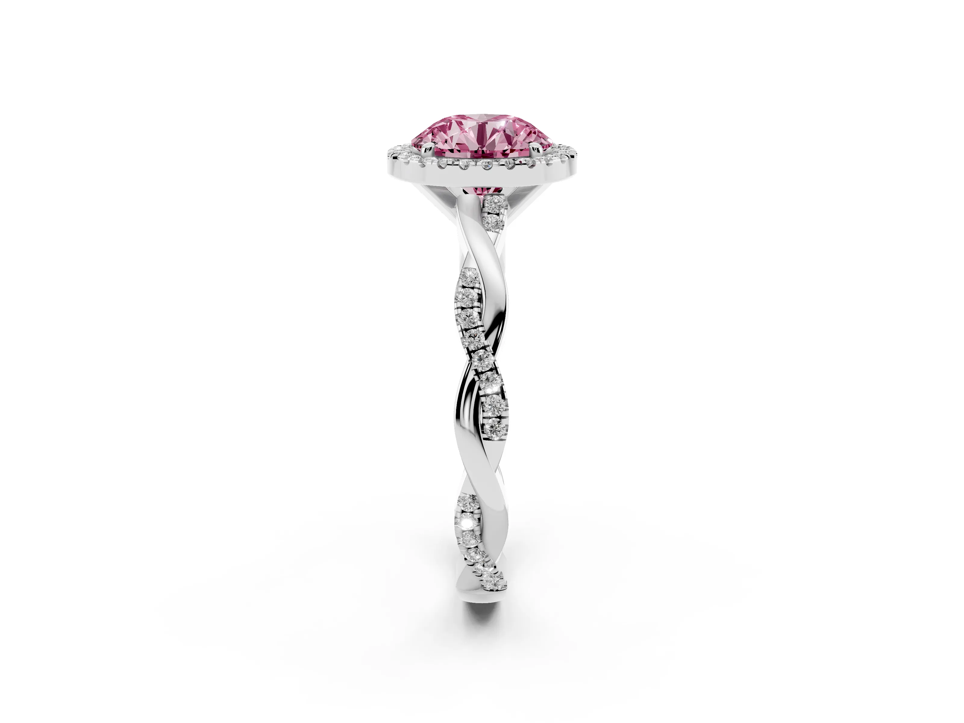 Fancy Pink Round Cut Diamond Halo Twisted Band Ring Set in Silver with Prong Setting