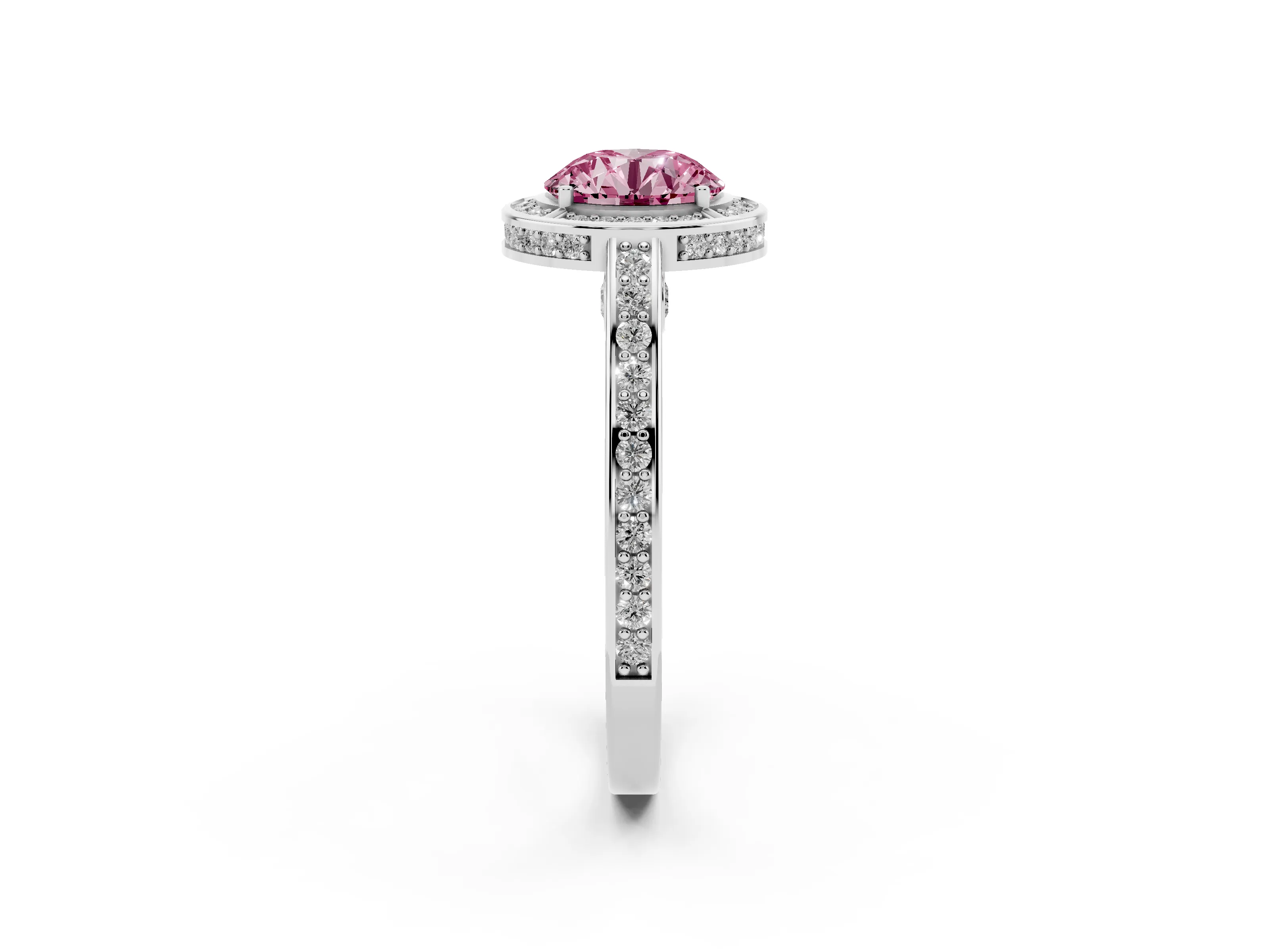 Fancy Pink Round Cut Diamond Halo Pavé Split Shank Ring Set in White gold with Prong Setting