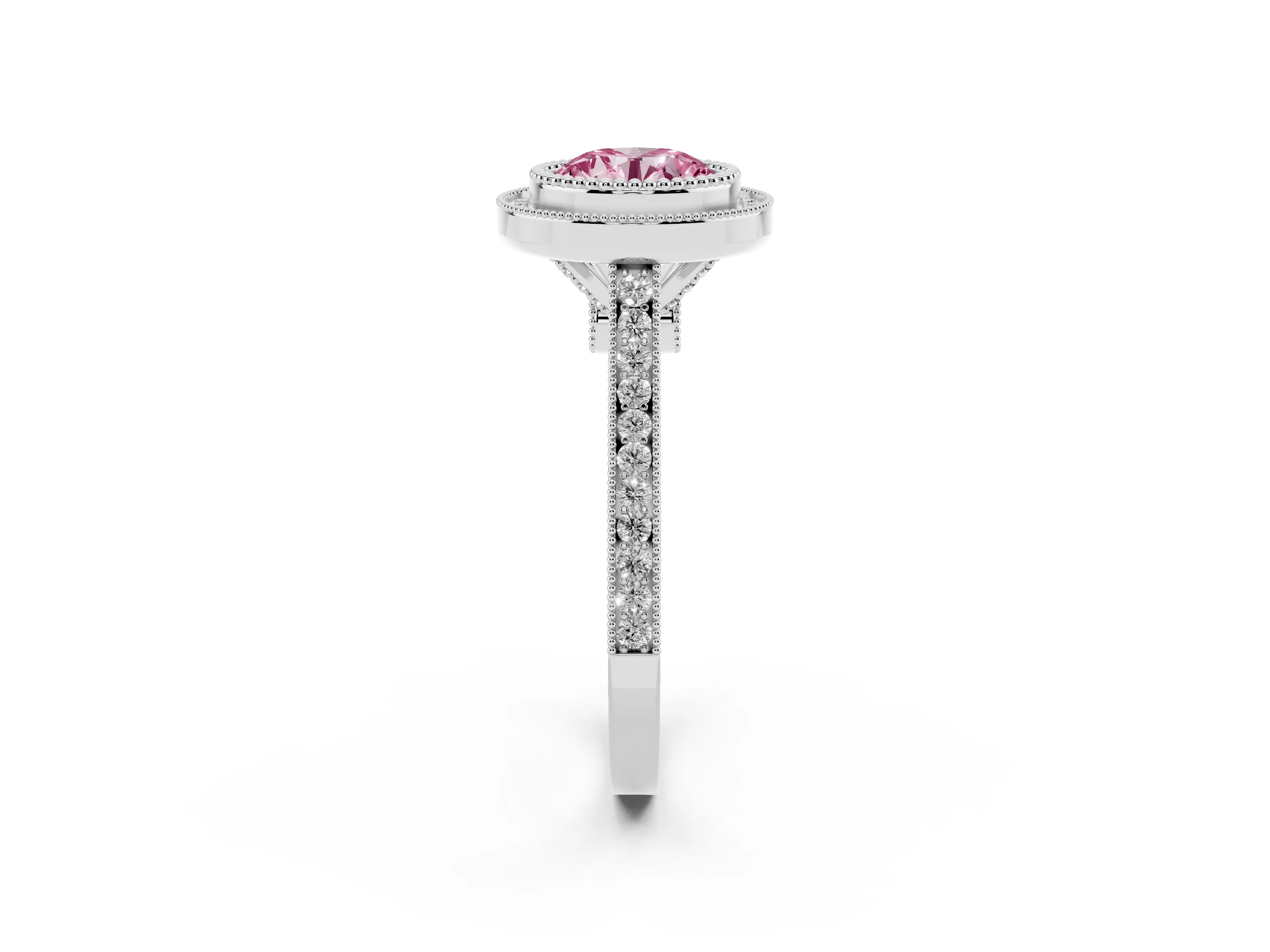 Fancy Pink Round Cut Diamond Halo Ring Set in White gold with Milgrain Frame and Pavé Band
