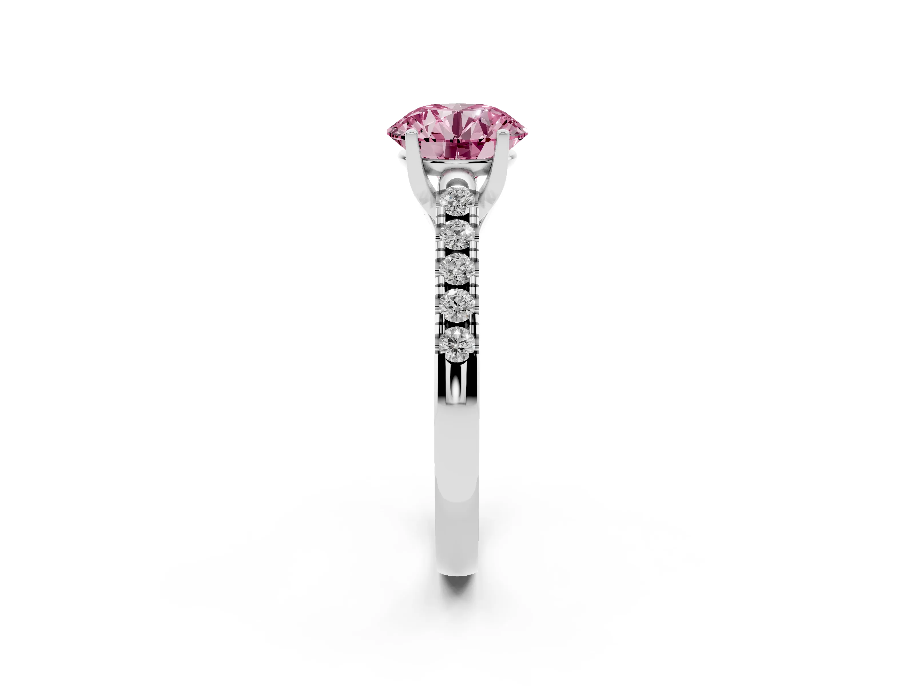 Fancy Pink Round Cut Diamond Pavé Band Solitaire Ring Set in Platinum with Partway Accent Stones and Prong Setting