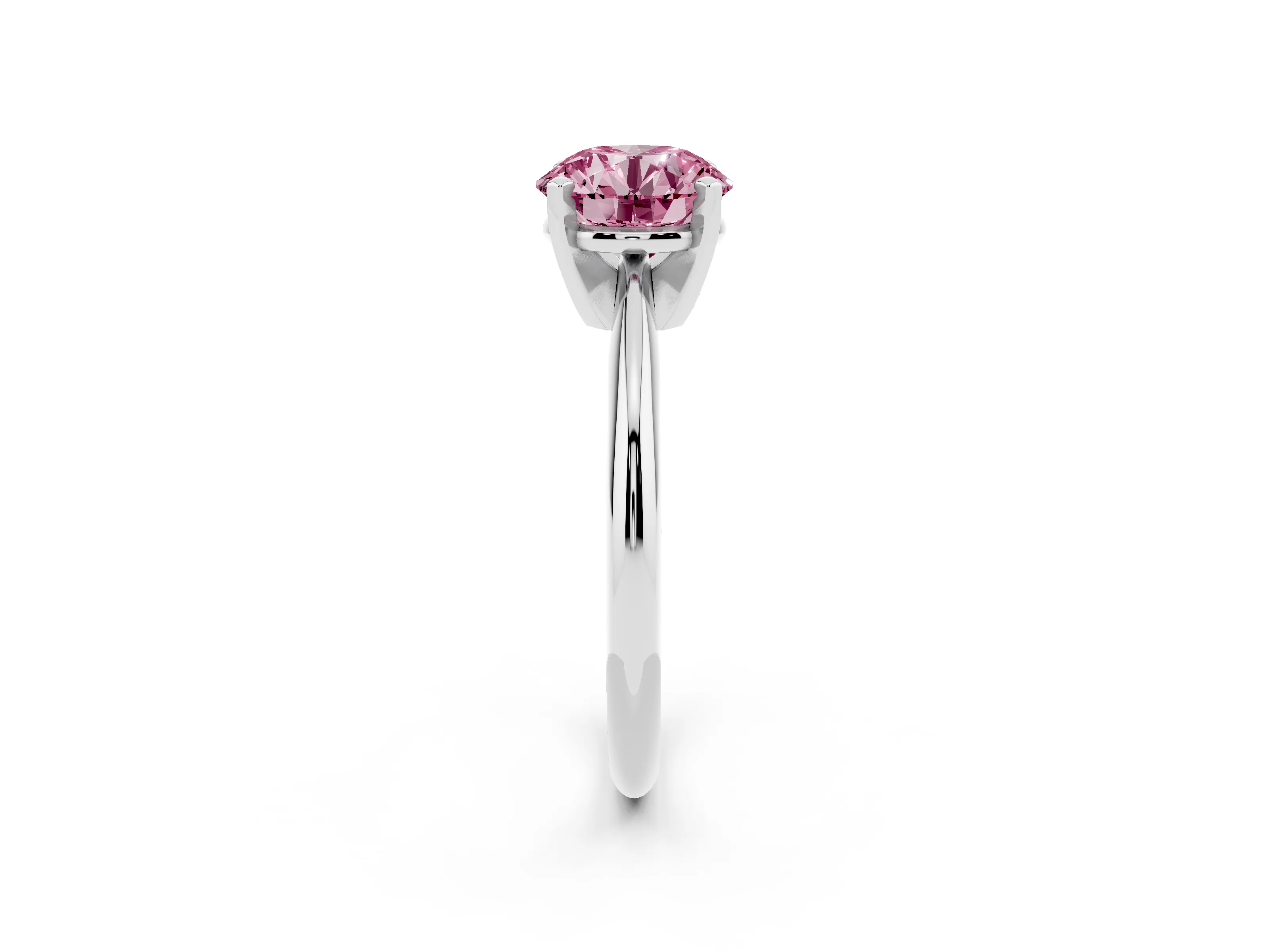 Fancy Pink Round Cut Diamond Solitaire Ring Set in Platinum with Prong Setting on a Plain Round Band