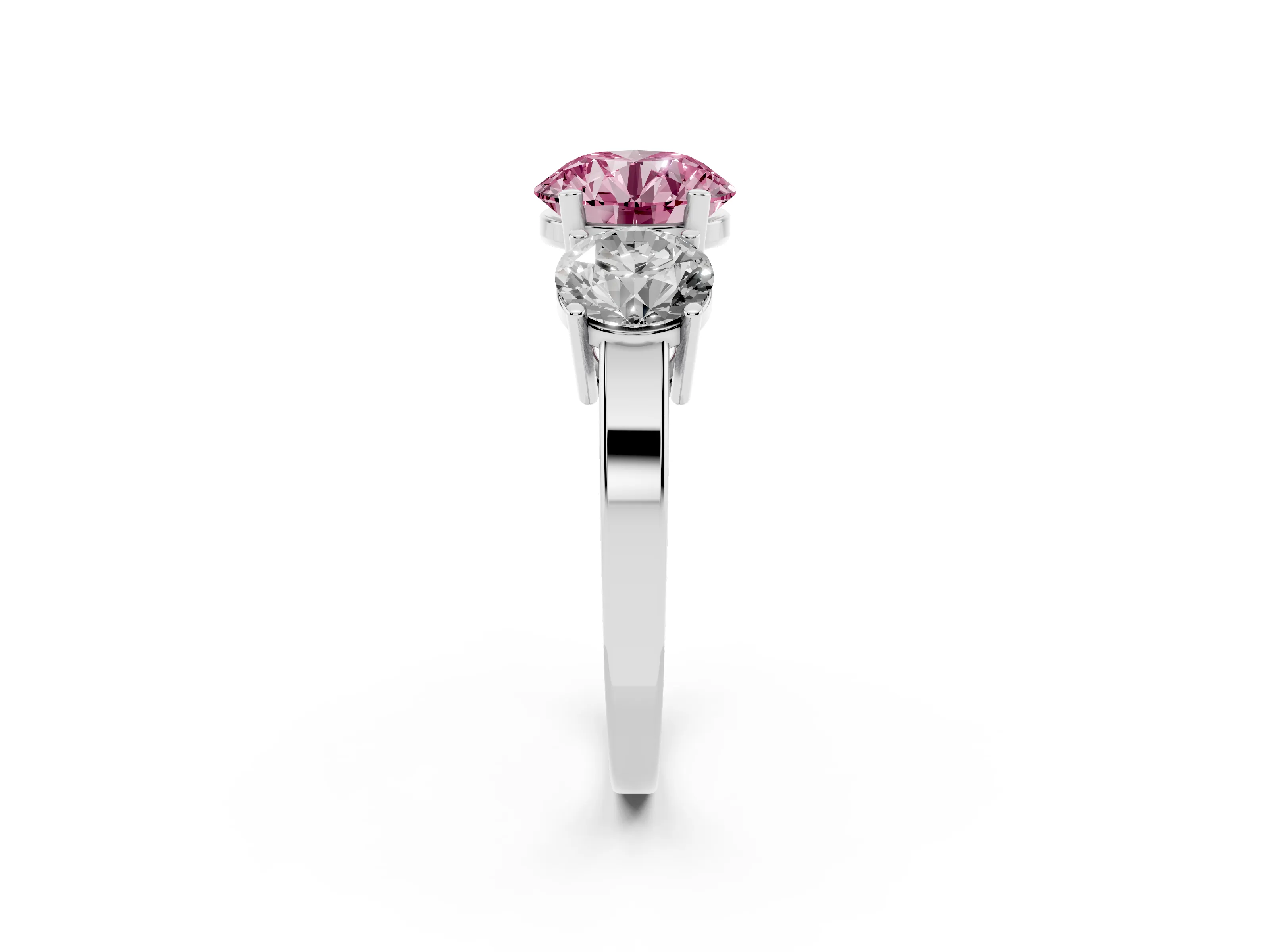 Fancy Pink Round Cut Diamond Three-Stone Engagement Ring Set in Platinum with Flat Band