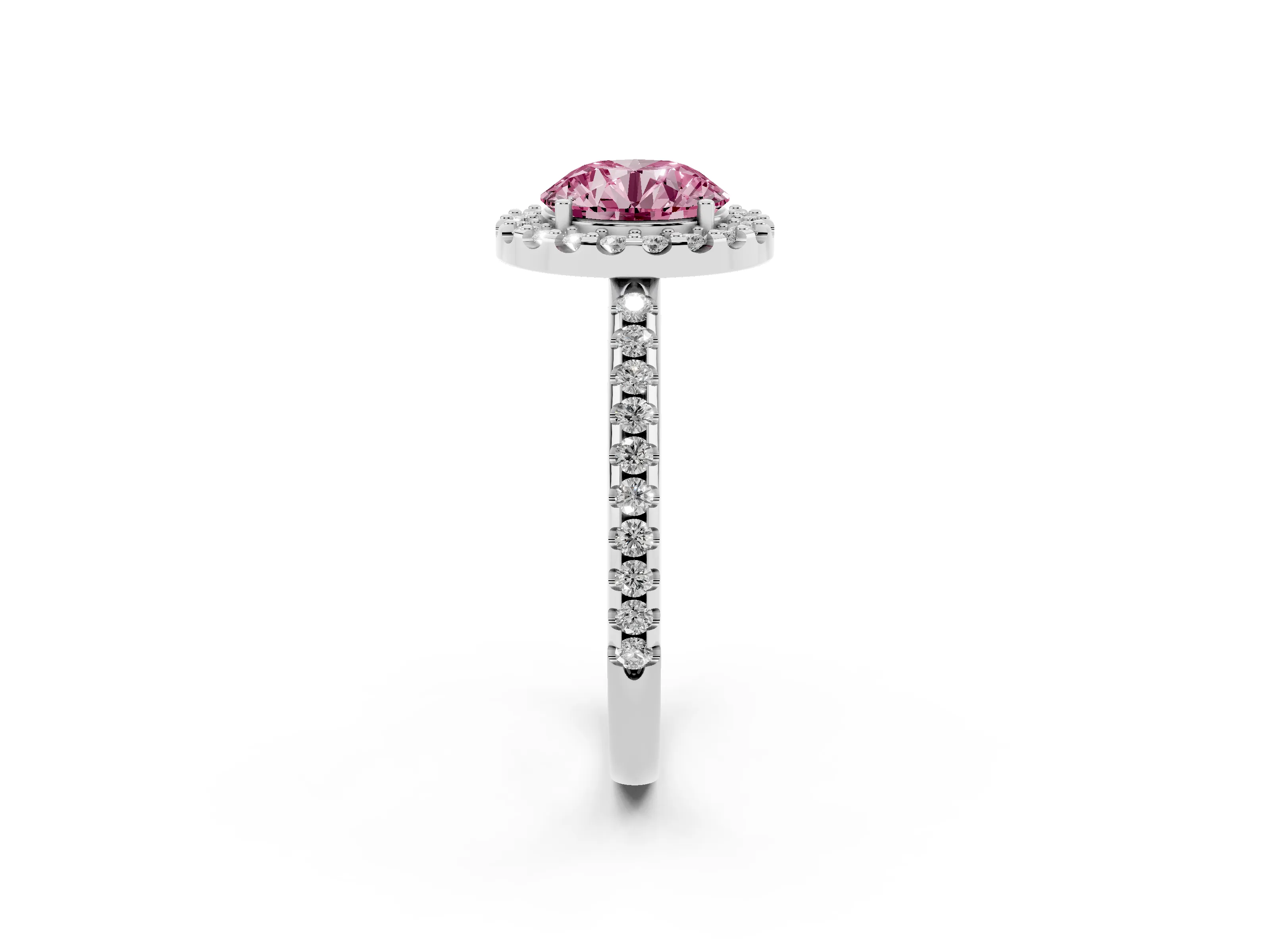 Fancy Pink Round Cut Diamond Pavé Halo Ring Set in Silver with Prong Setting