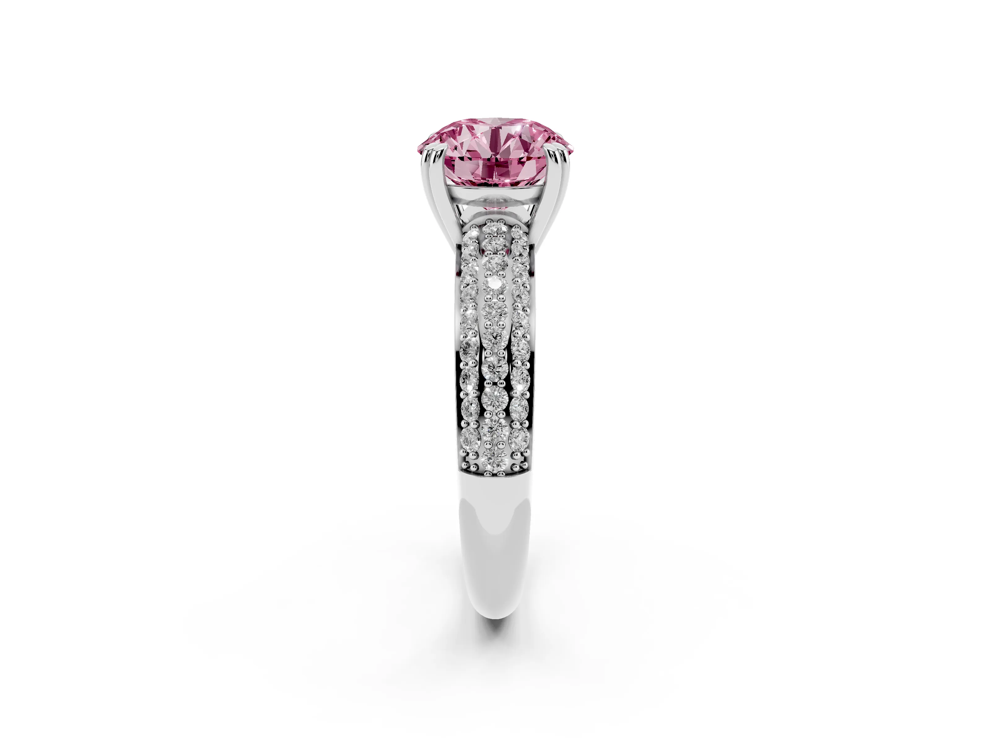 Fancy Pink Round Cut Diamond Solitaire Ring Set in Silver with Multi-Row Round Pavé Band and Prong Setting