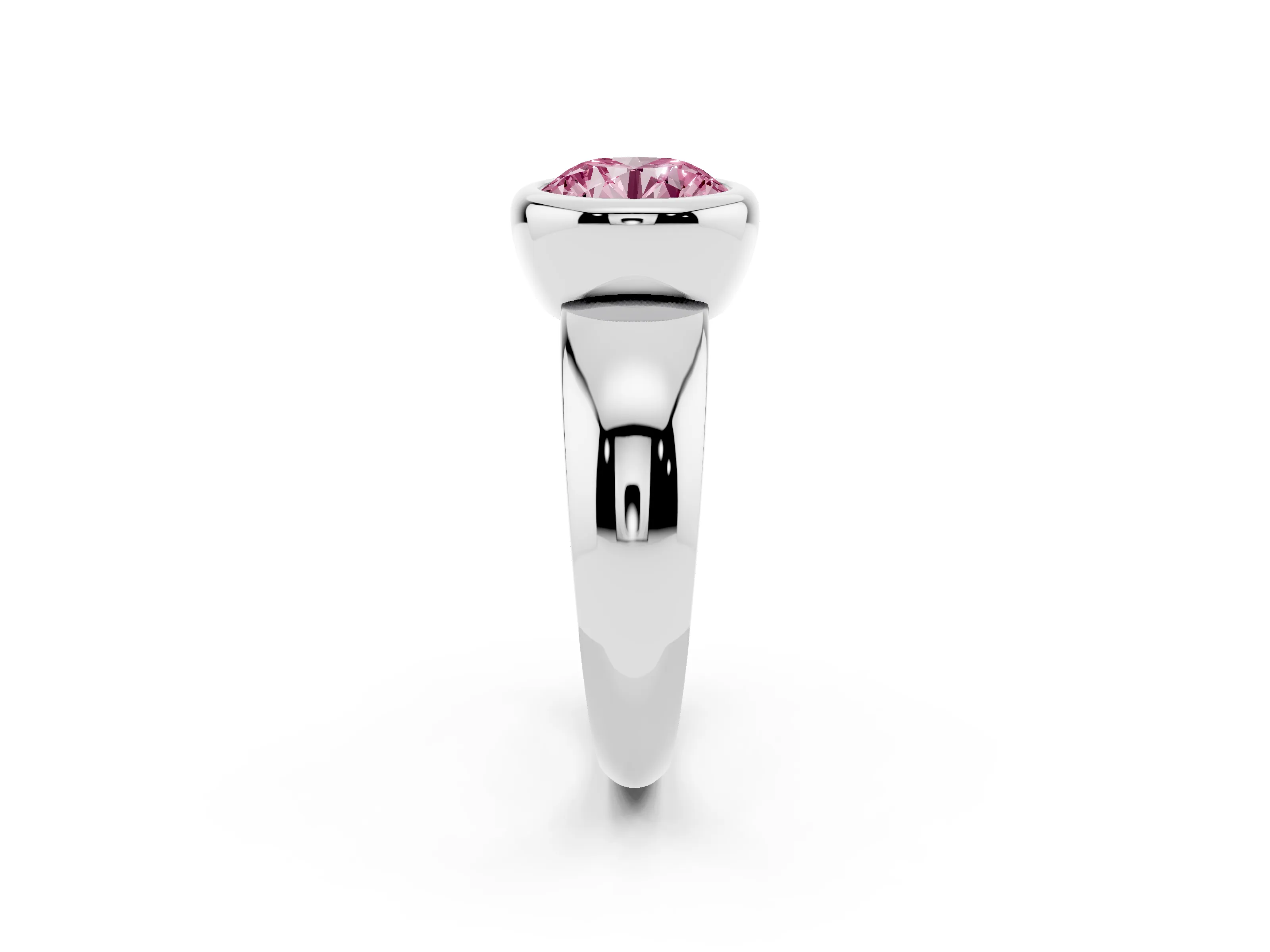 Fancy Pink Bezel Set Round Cut Diamond Solitaire Ring Set in Platinum with Wide Band