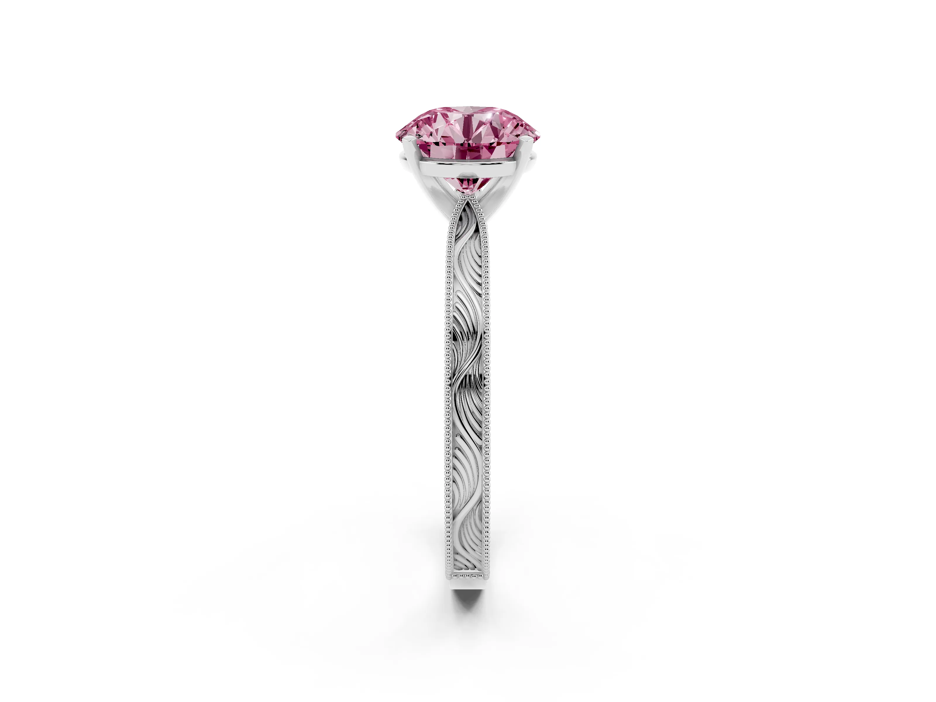 Fancy Pink Round Cut Diamond Solitaire Milgrain Engraved Band Set in Platinum with Prong Setting