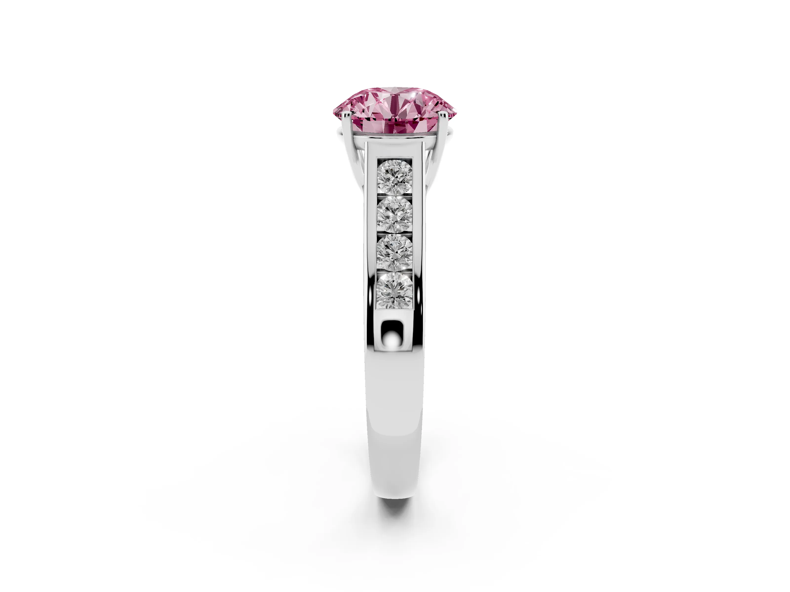 Fancy Pink Round Cut Diamond Solitaire Channel-Set Engagement Ring Set in Silver with Prong Setting