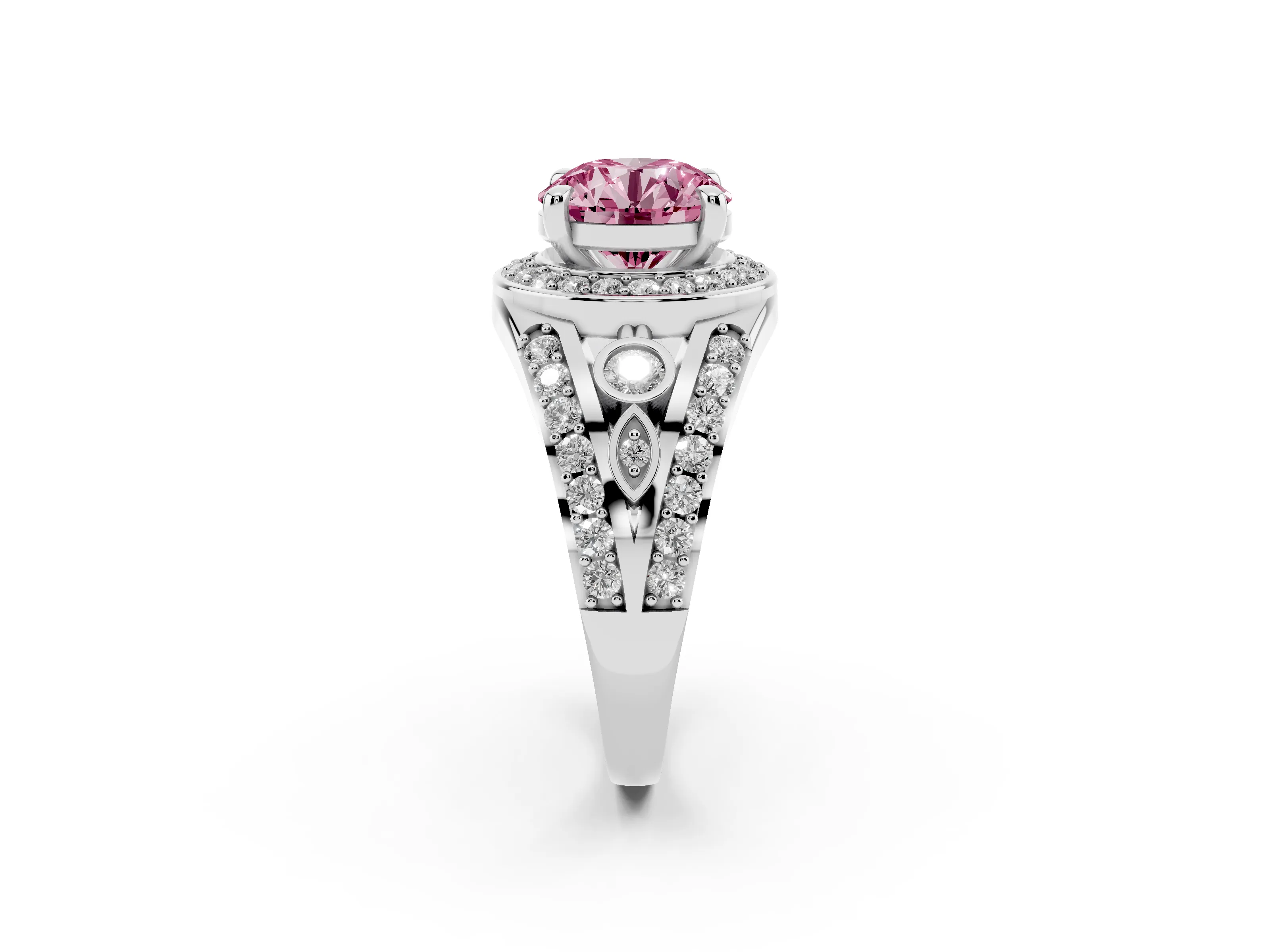 Fancy Pink Round Cut Diamond Halo Ring Set in Platinum with Pavé Split Shank and Bezel Accents