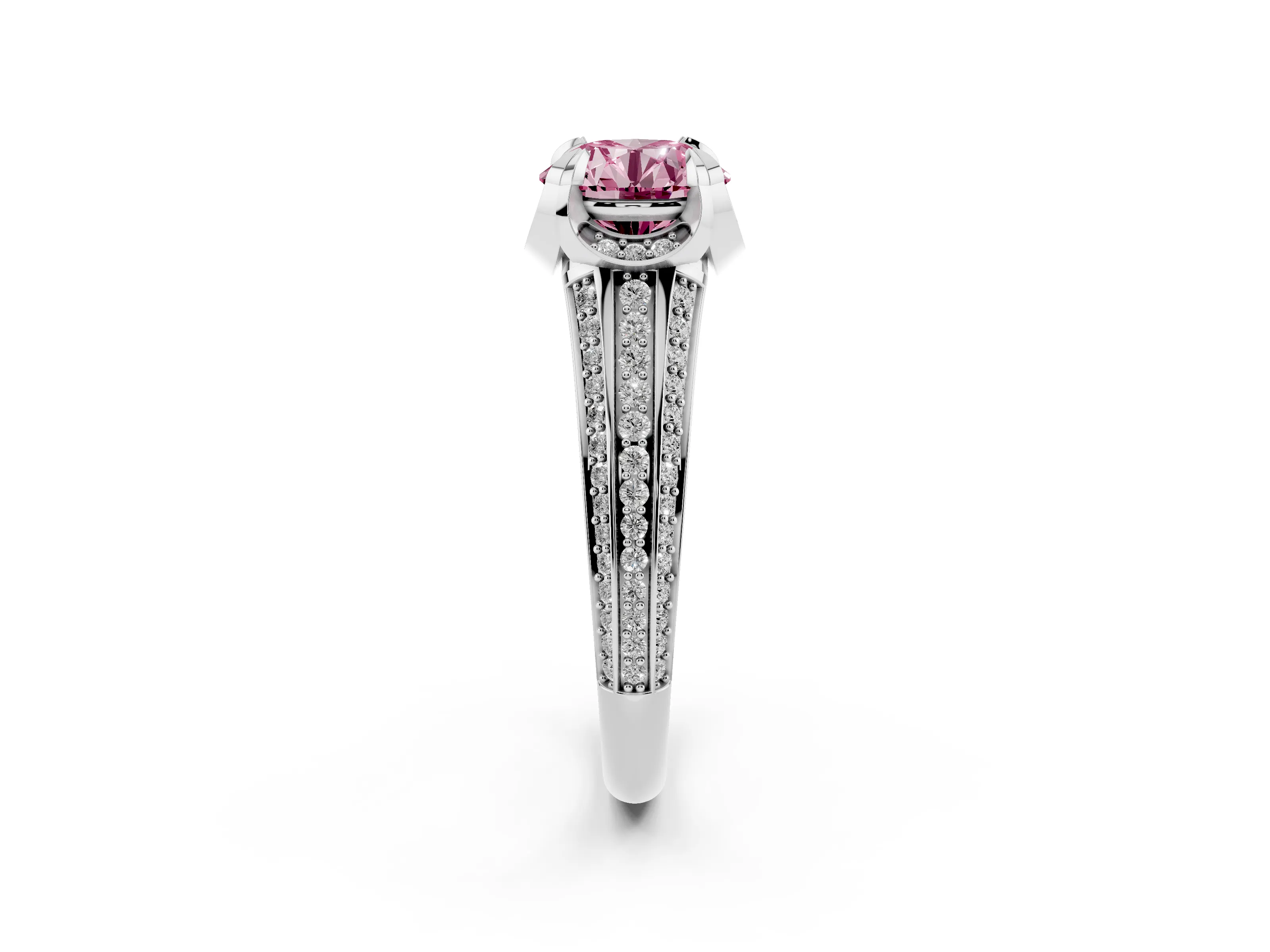 Fancy Pink Round Cut Diamond Pavé Split Shank Solitaire Ring Set in Platinum with Prong Setting