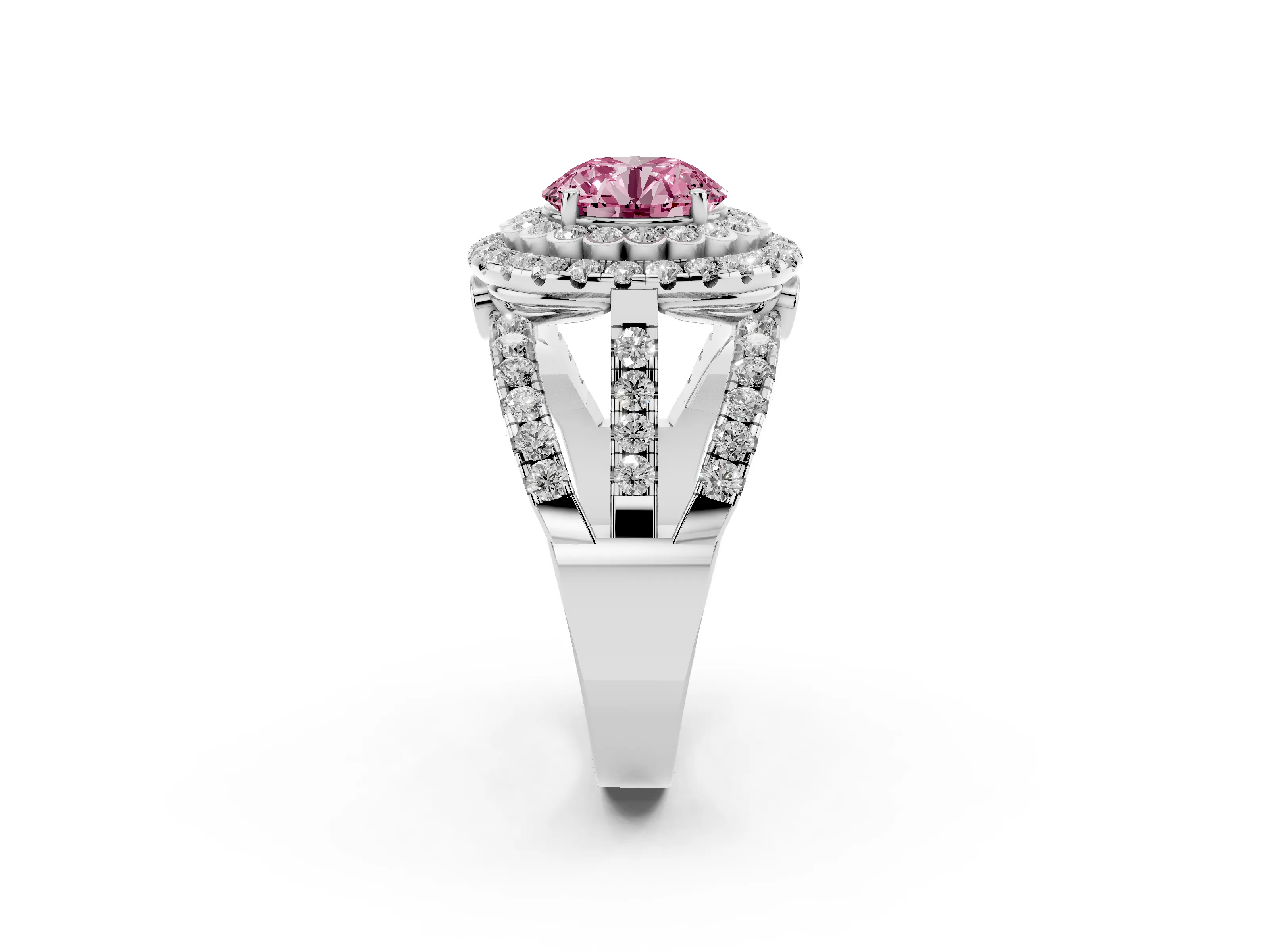 Fancy Pink Round Cut Diamond Double Halo Ring Set in White gold with Round Pavé Split Shank