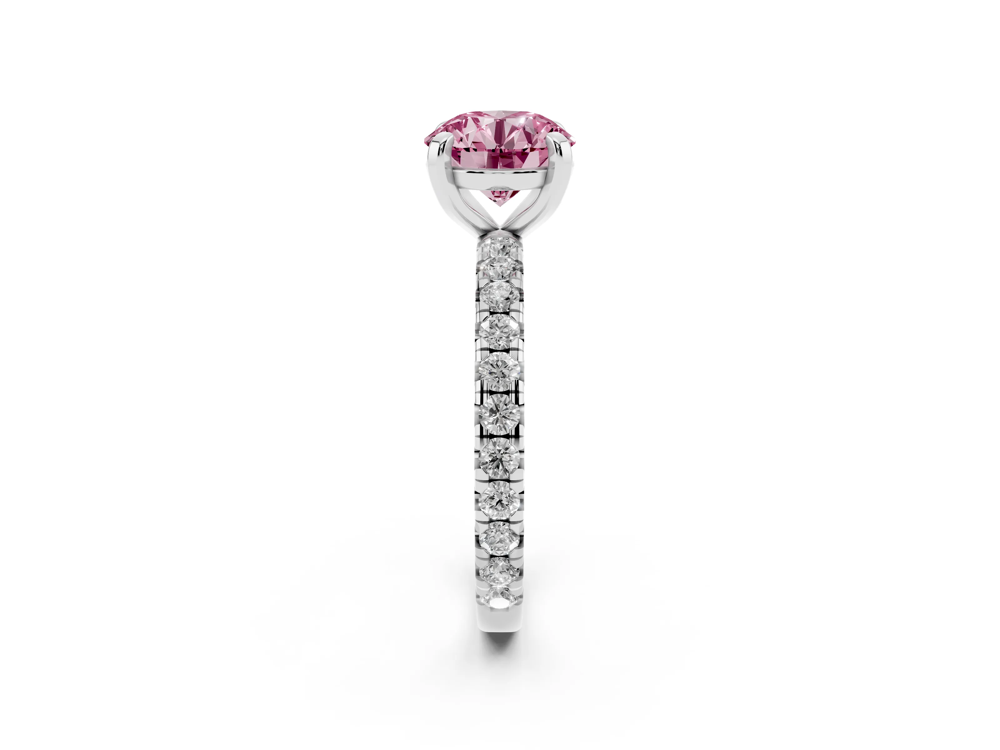Fancy Pink Round Cut Diamond Pavé Solitaire Ring Set in Platinum with Round Band and Prong Setting