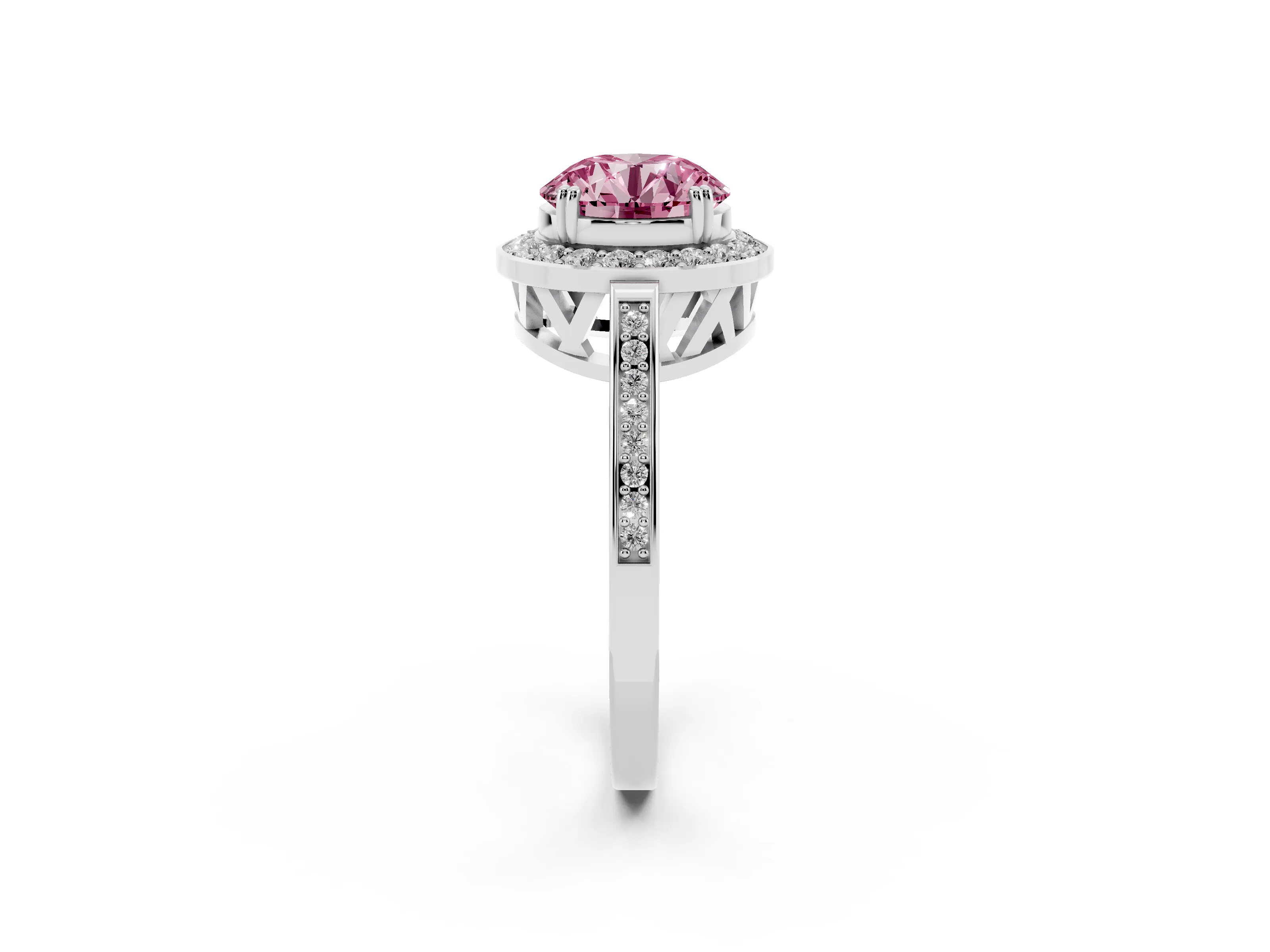 Fancy Pink Round Cut Diamond Halo Ring Set in Platinum with Accent-Lined Split Shank and Prong Setting