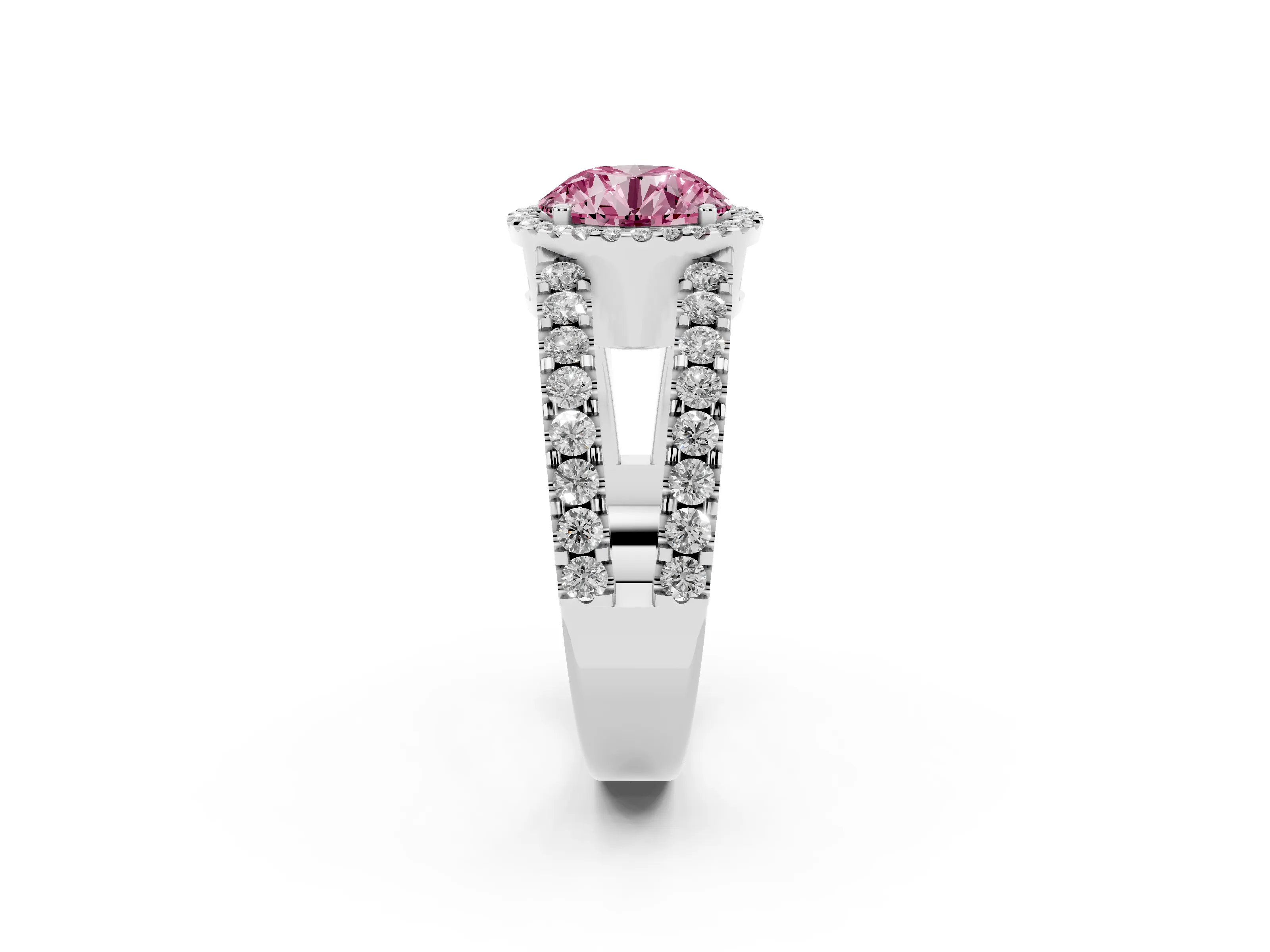 Fancy Pink Round Cut Diamond Halo Ring Set in White gold with Pavé Split Shank and Prong Setting